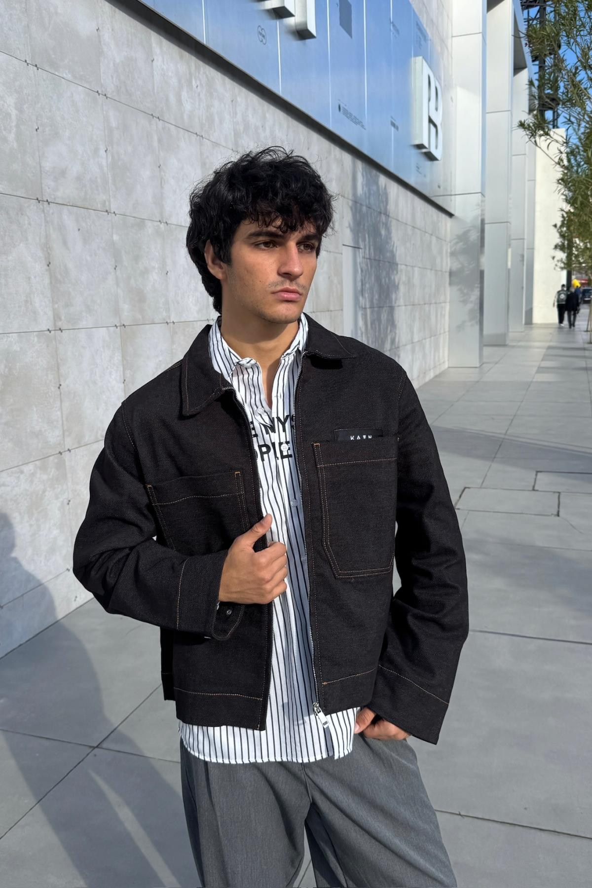 Kontrast Dikiş Siyah Boxy Oversize Jean Ceket KN01
