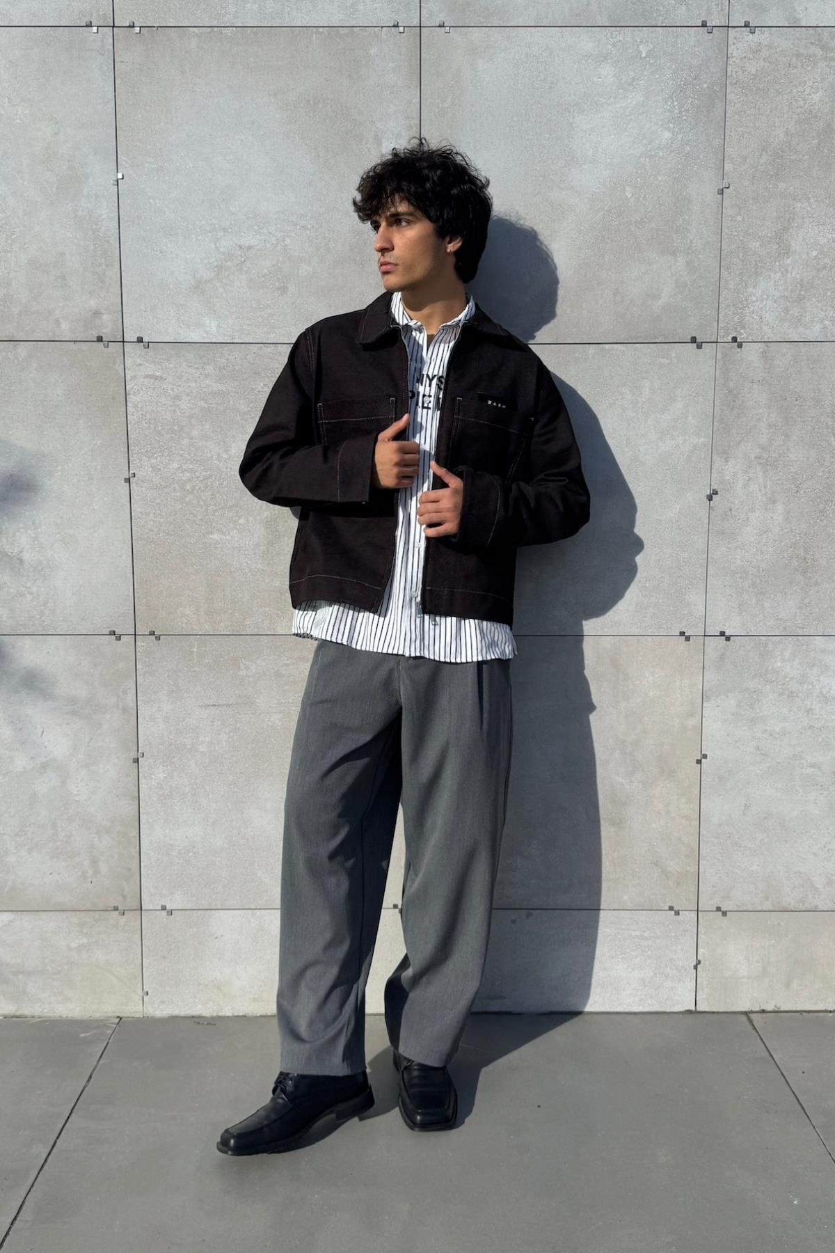 Kontrast Dikiş Siyah Boxy Oversize Jean Ceket KN01