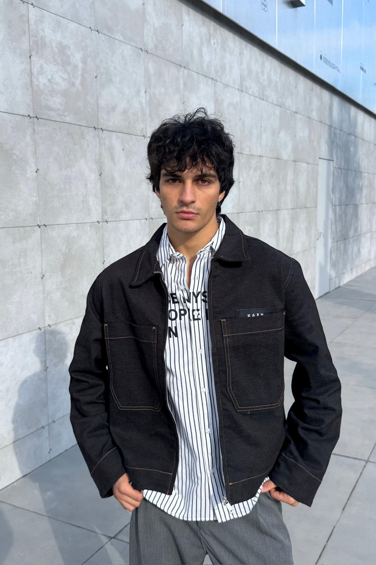Kontrast Dikiş Siyah Boxy Oversize Jean Ceket KN01