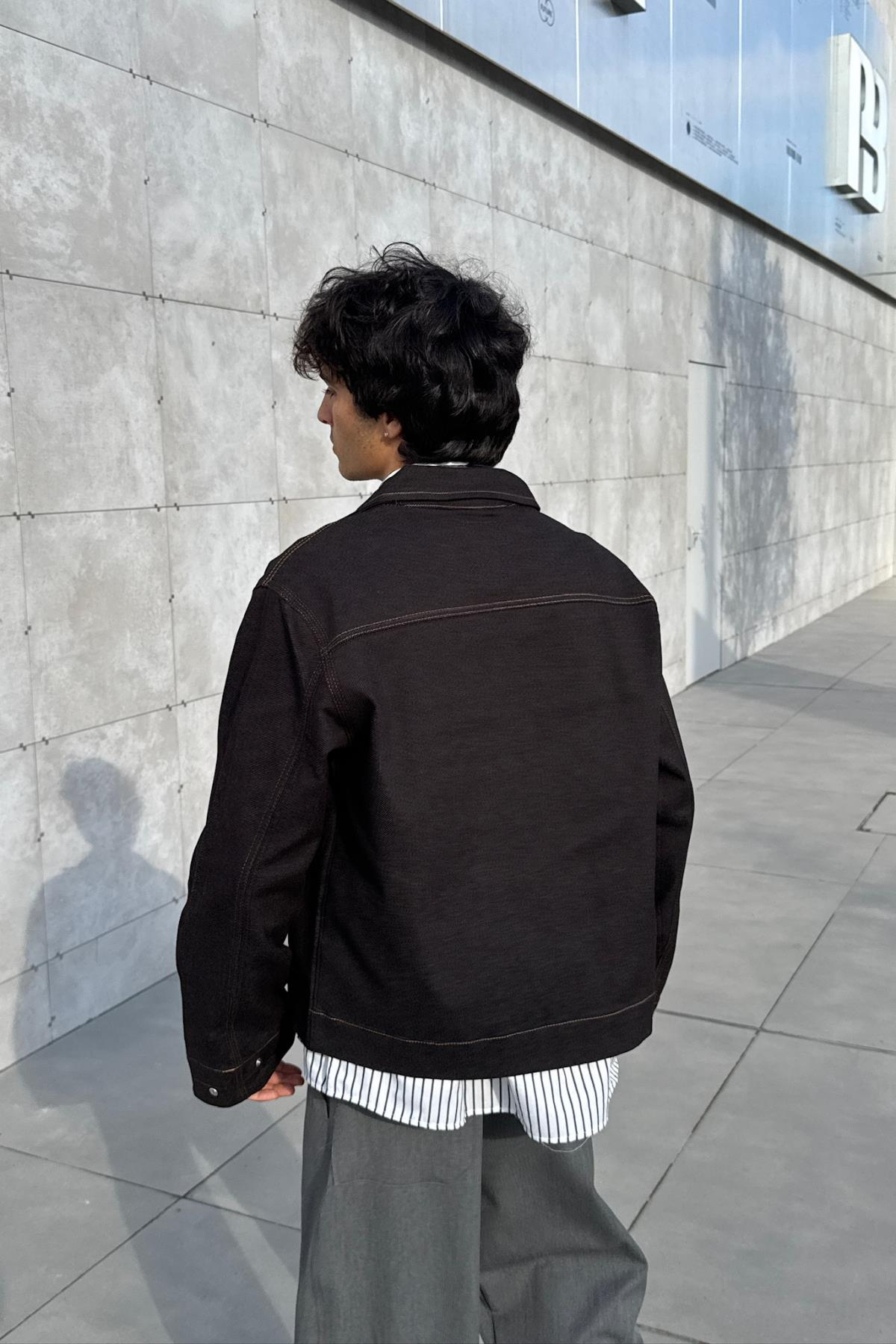 Kontrast Dikiş Siyah Boxy Oversize Jean Ceket KN01