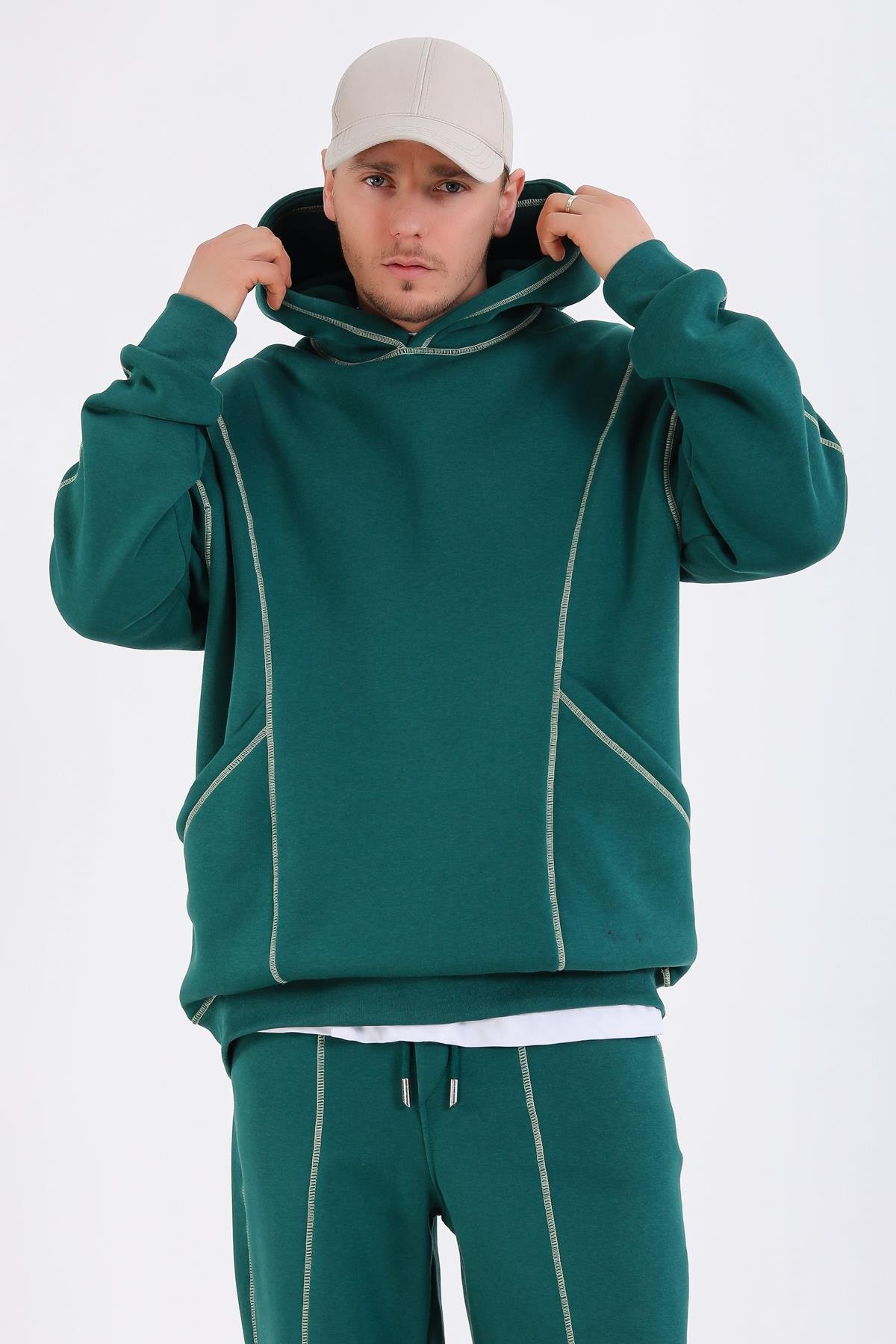 Kontrast Dikiş Yeşil Oversize Hoodie SW1340