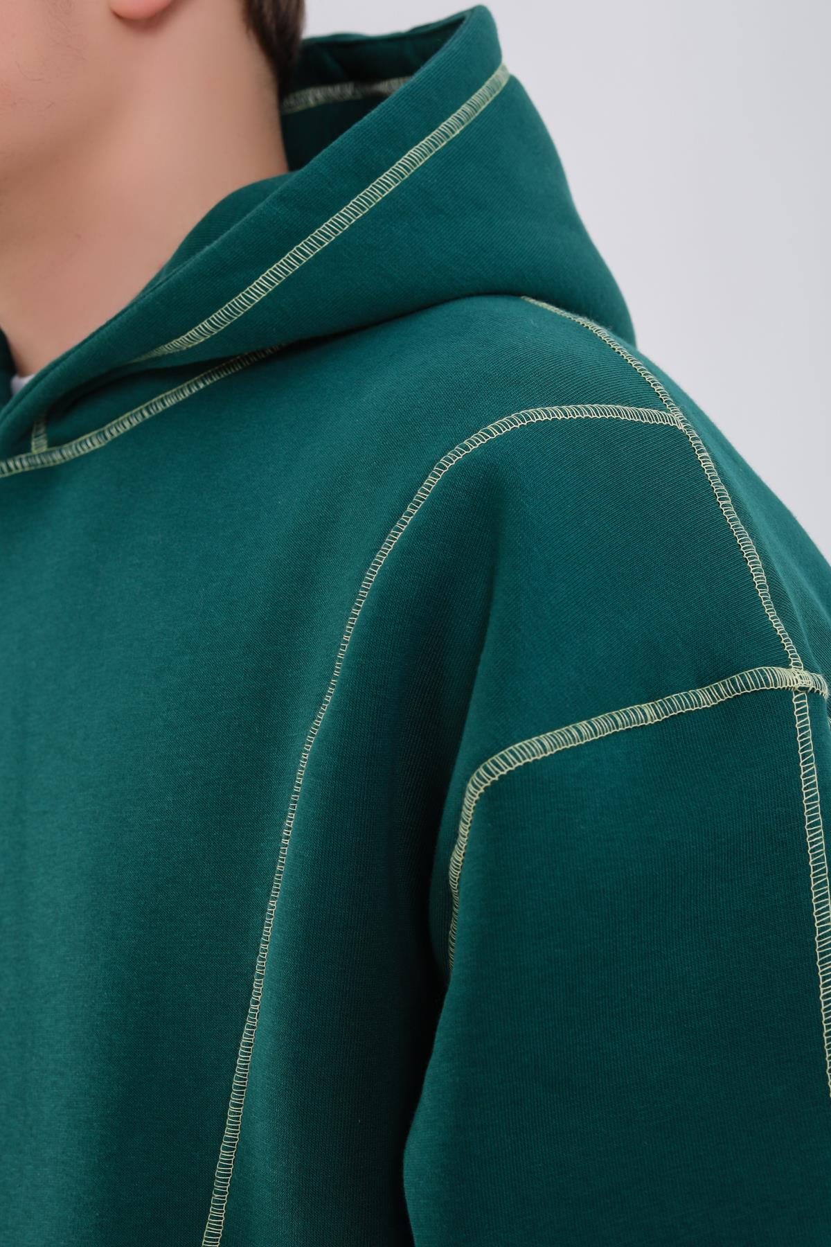 Kontrast Dikiş Yeşil Oversize Hoodie SW1340