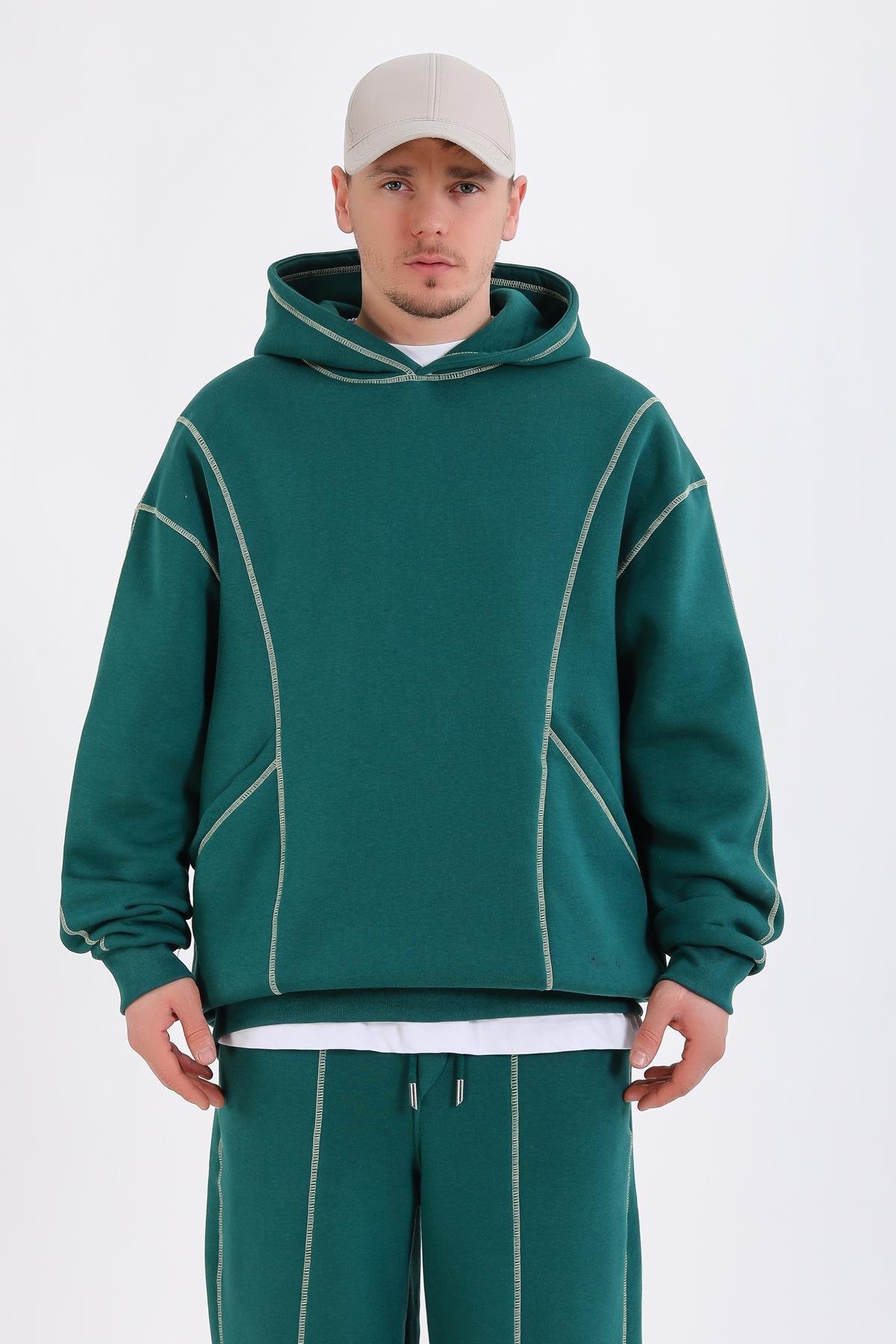 Kontrast Dikiş Yeşil Oversize Hoodie SW1340