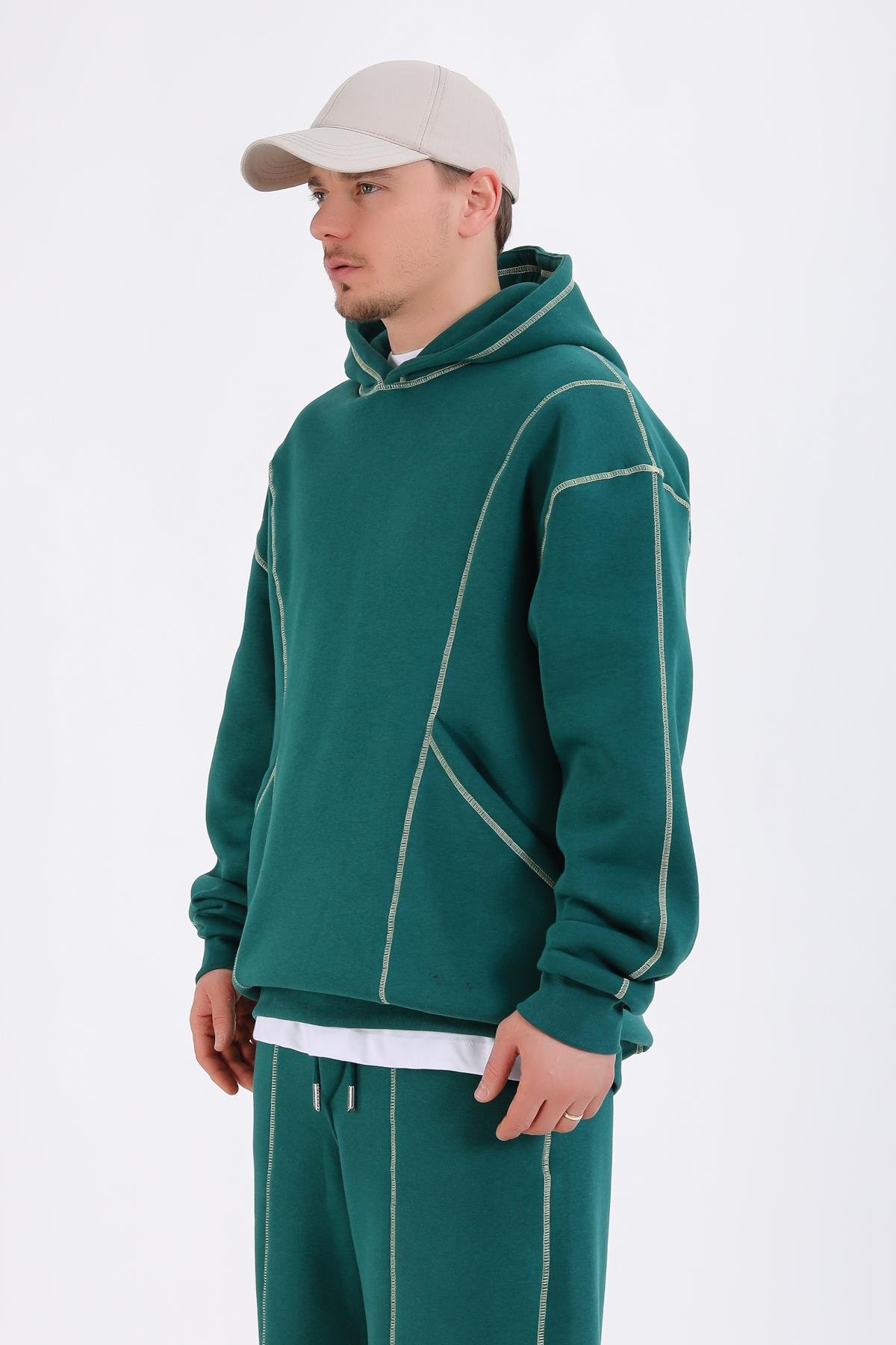 Kontrast Dikiş Yeşil Oversize Hoodie SW1340