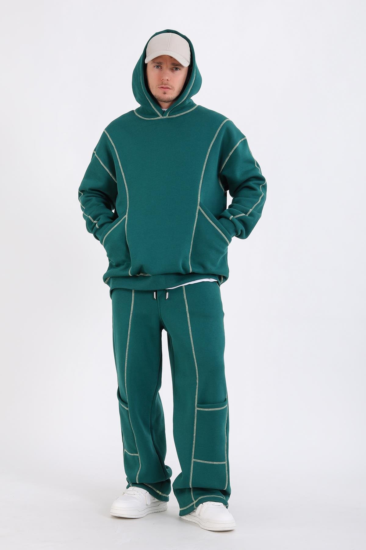 Kontrast Dikiş Yeşil Oversize Hoodie SW1340