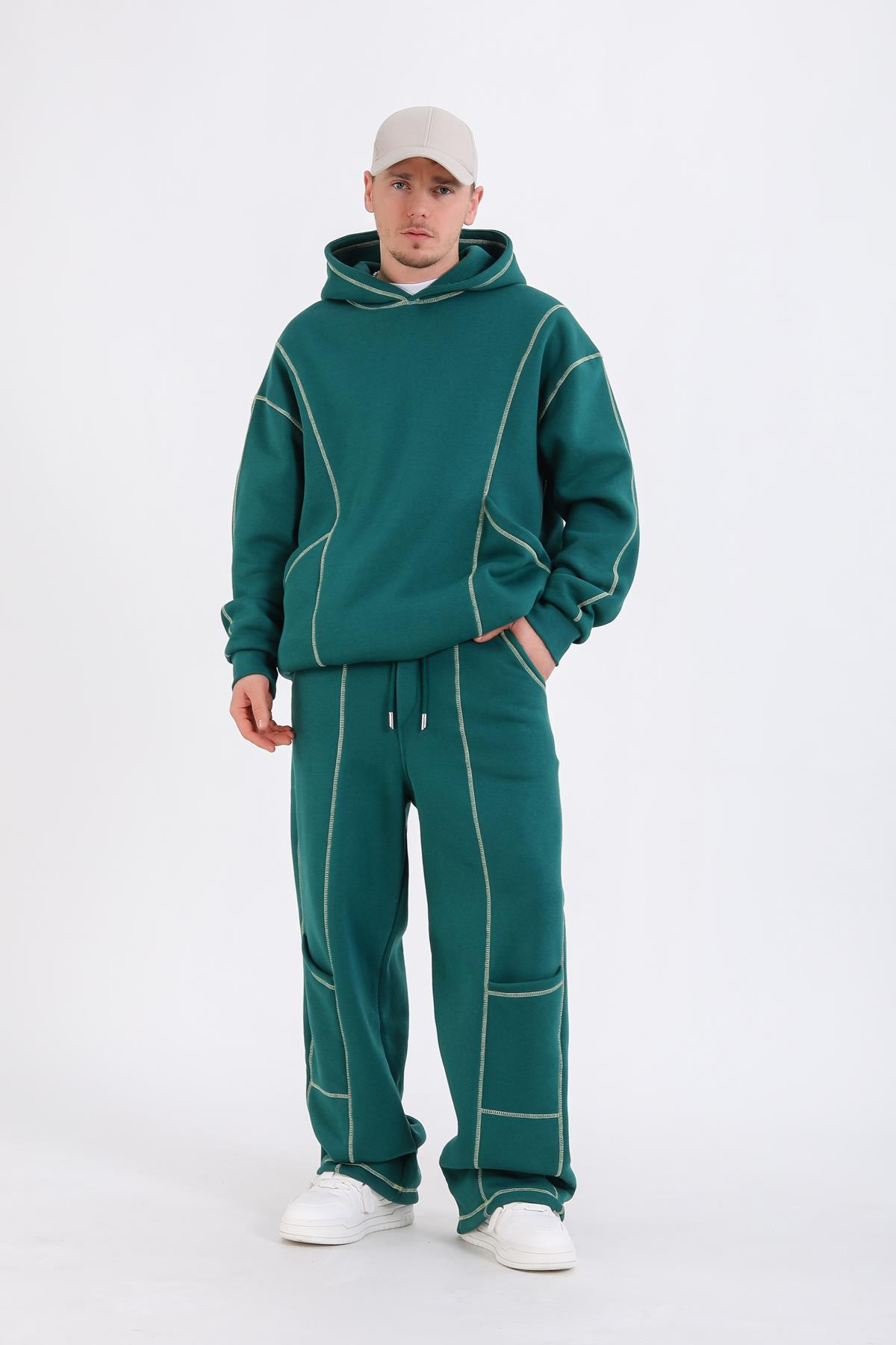 Kontrast Dikiş Yeşil Oversize Hoodie SW1340