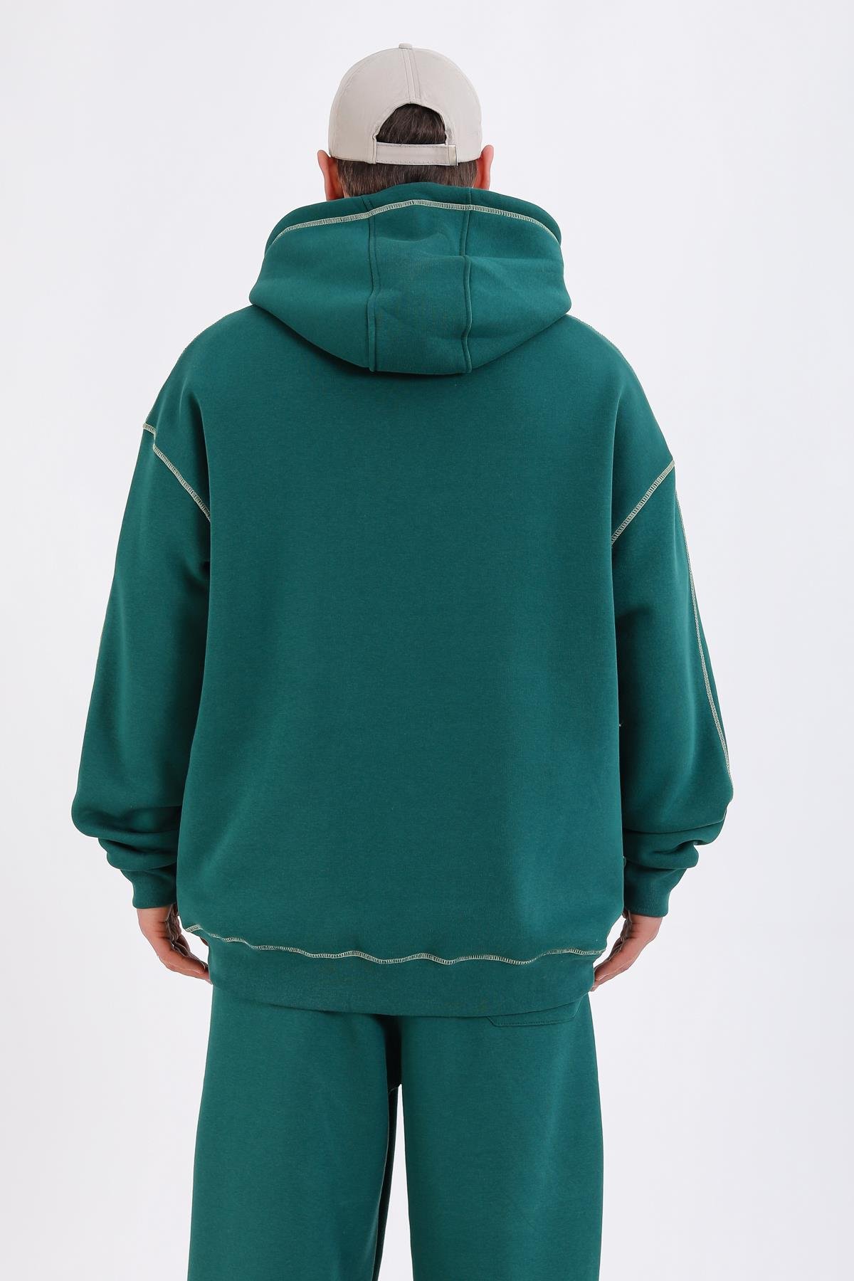 Kontrast Dikiş Yeşil Oversize Hoodie SW1340