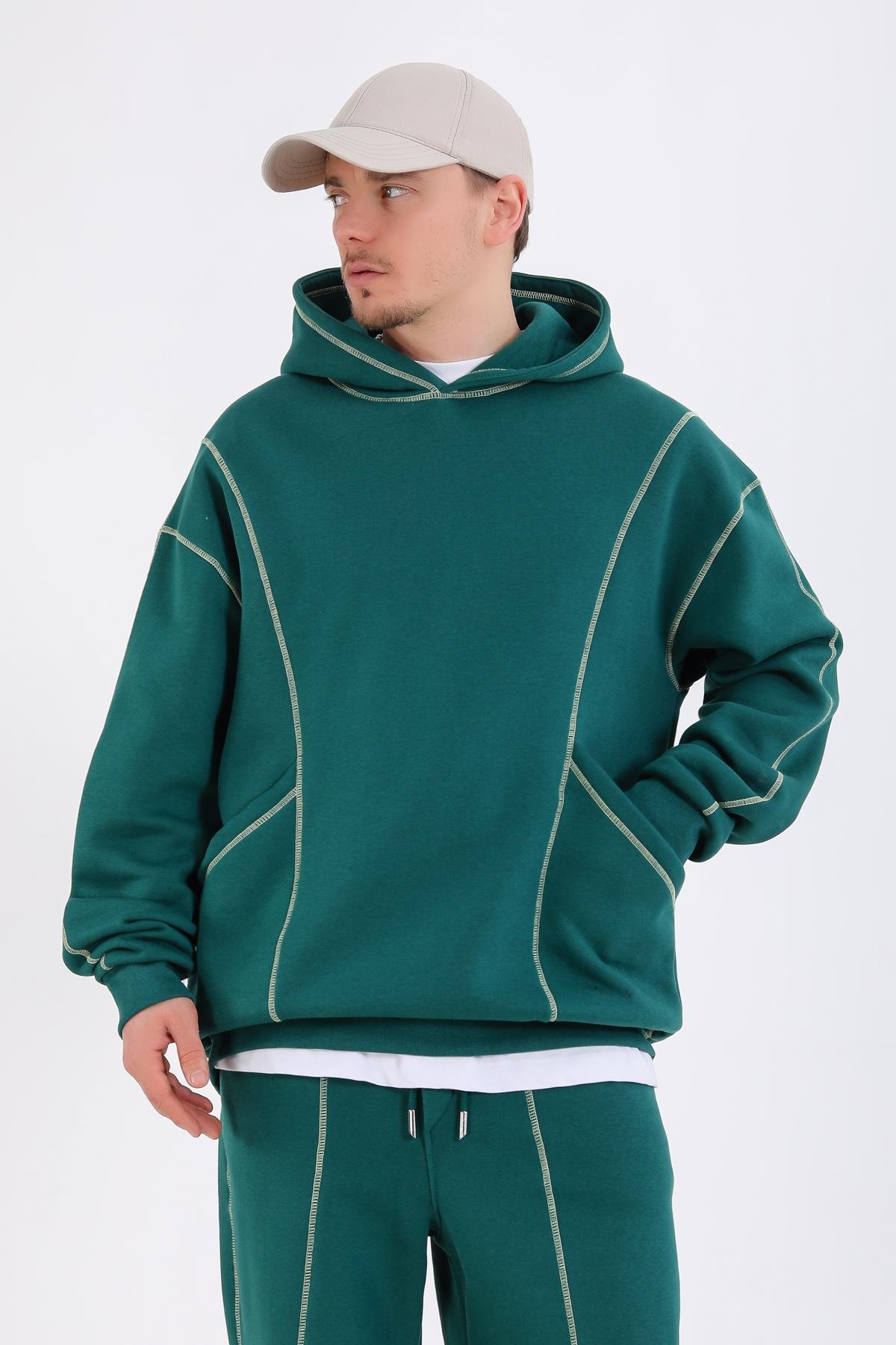 Kontrast Dikiş Yeşil Oversize Hoodie SW1340