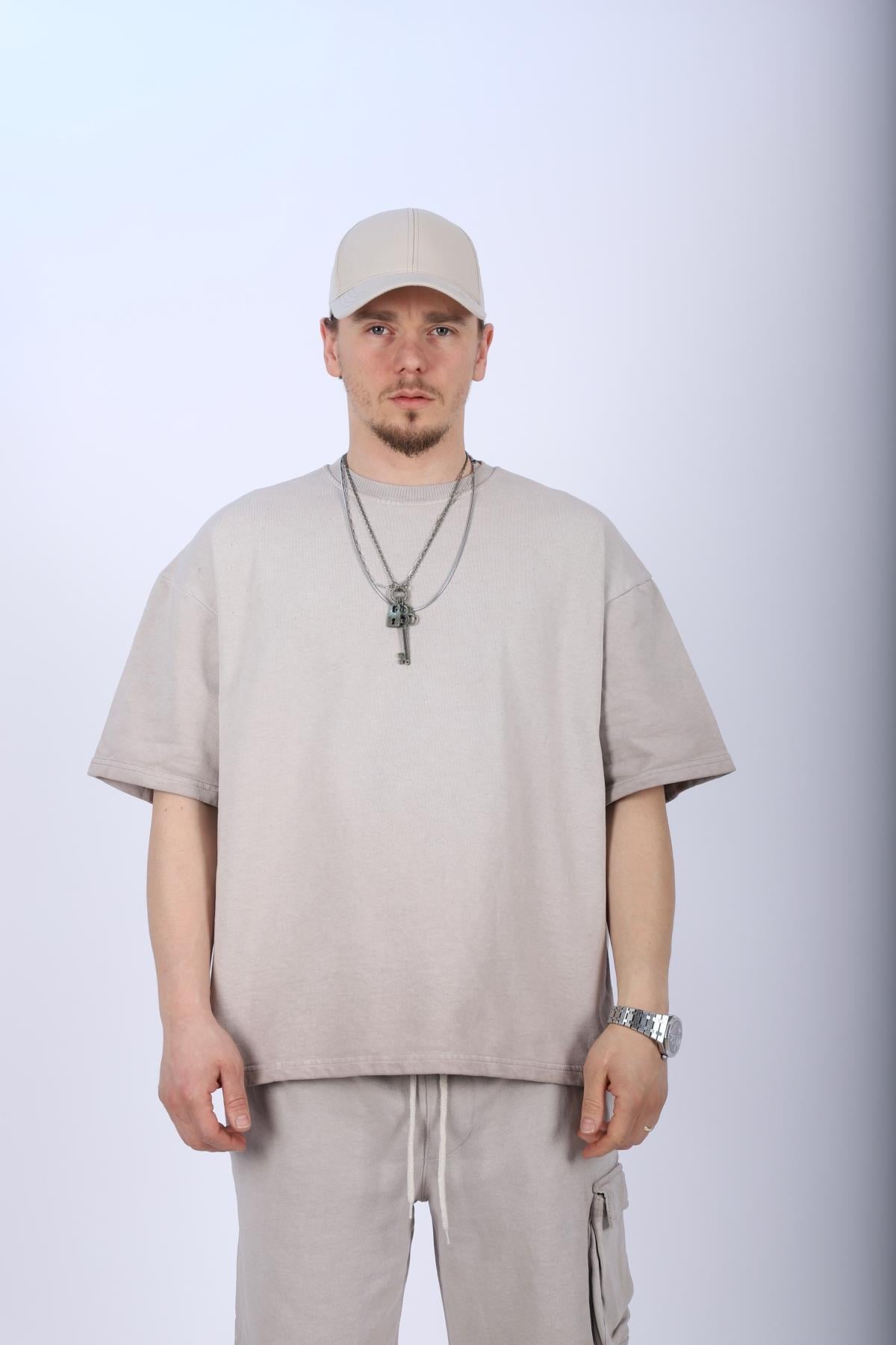 Krem Acid Wash Oversize Şort Tshirt Takım TKM140