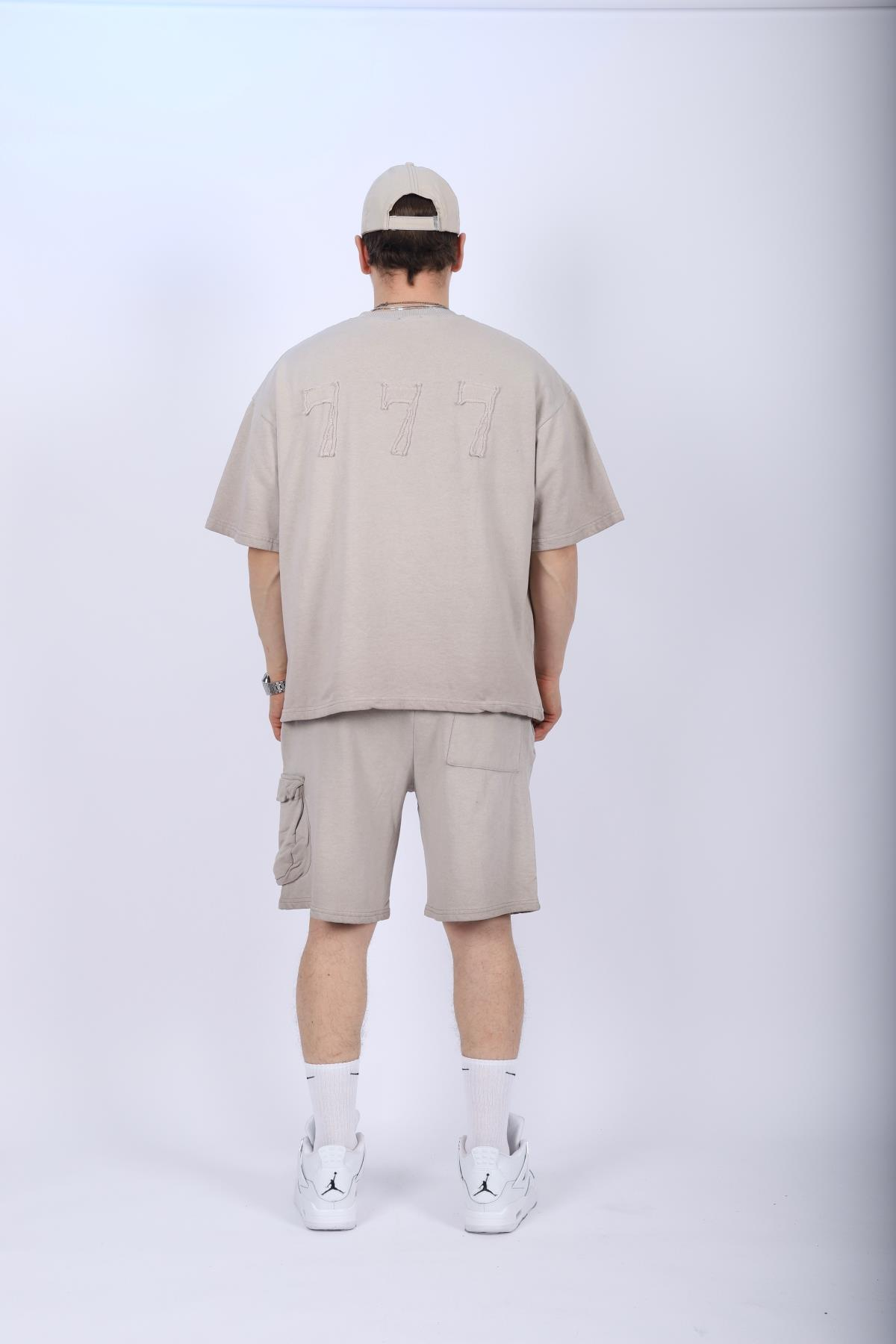 Krem Acid Wash Oversize Şort Tshirt Takım TKM140