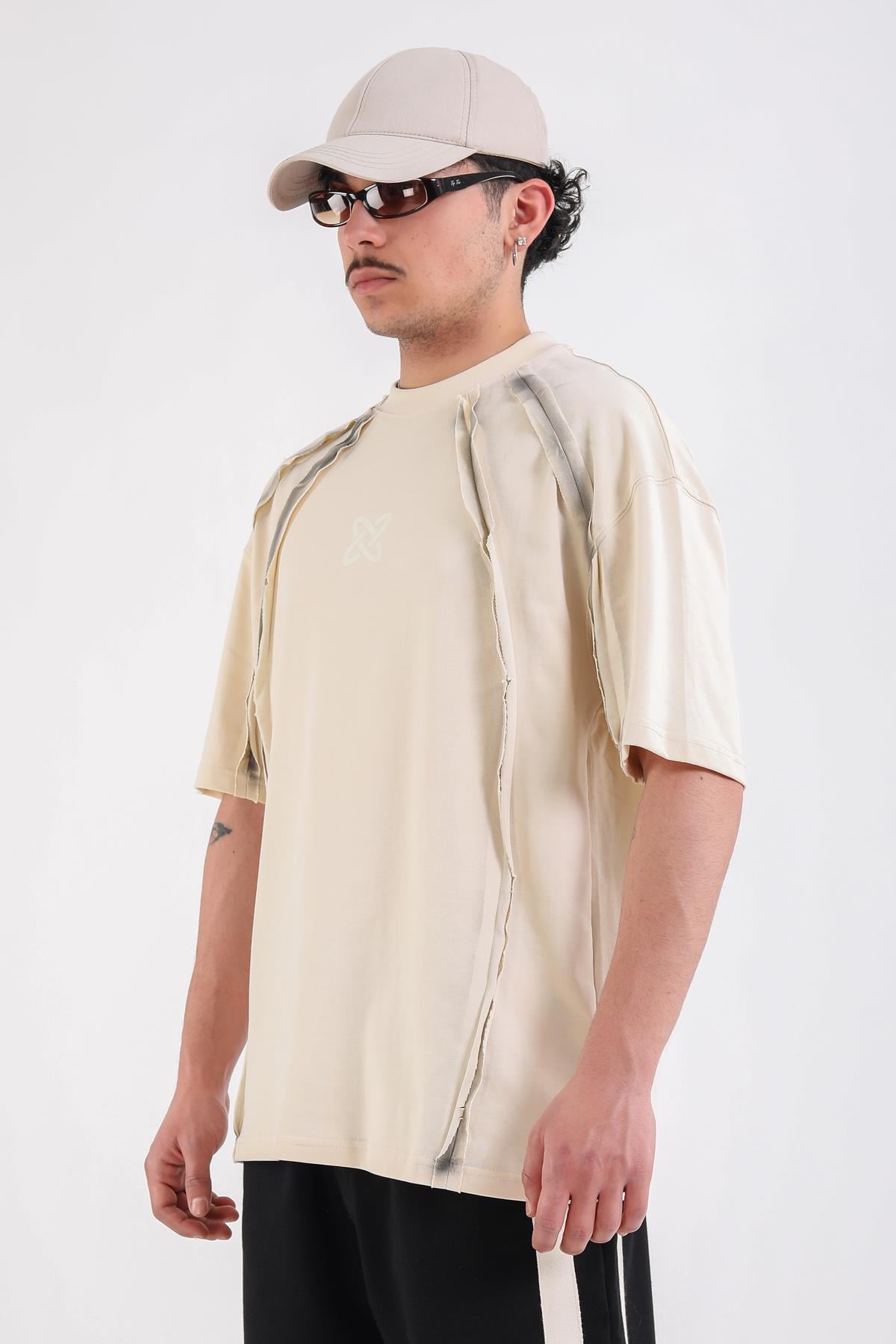 Krem Acid Wash Şerit Detay Oversize Tshirt