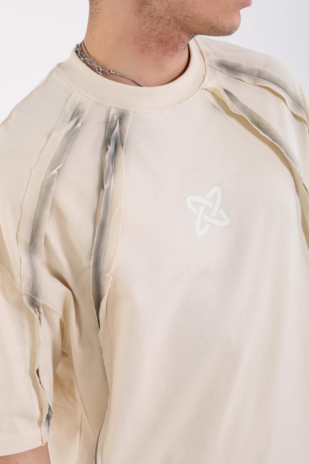Krem Acid Wash Şerit Detay Oversize Tshirt