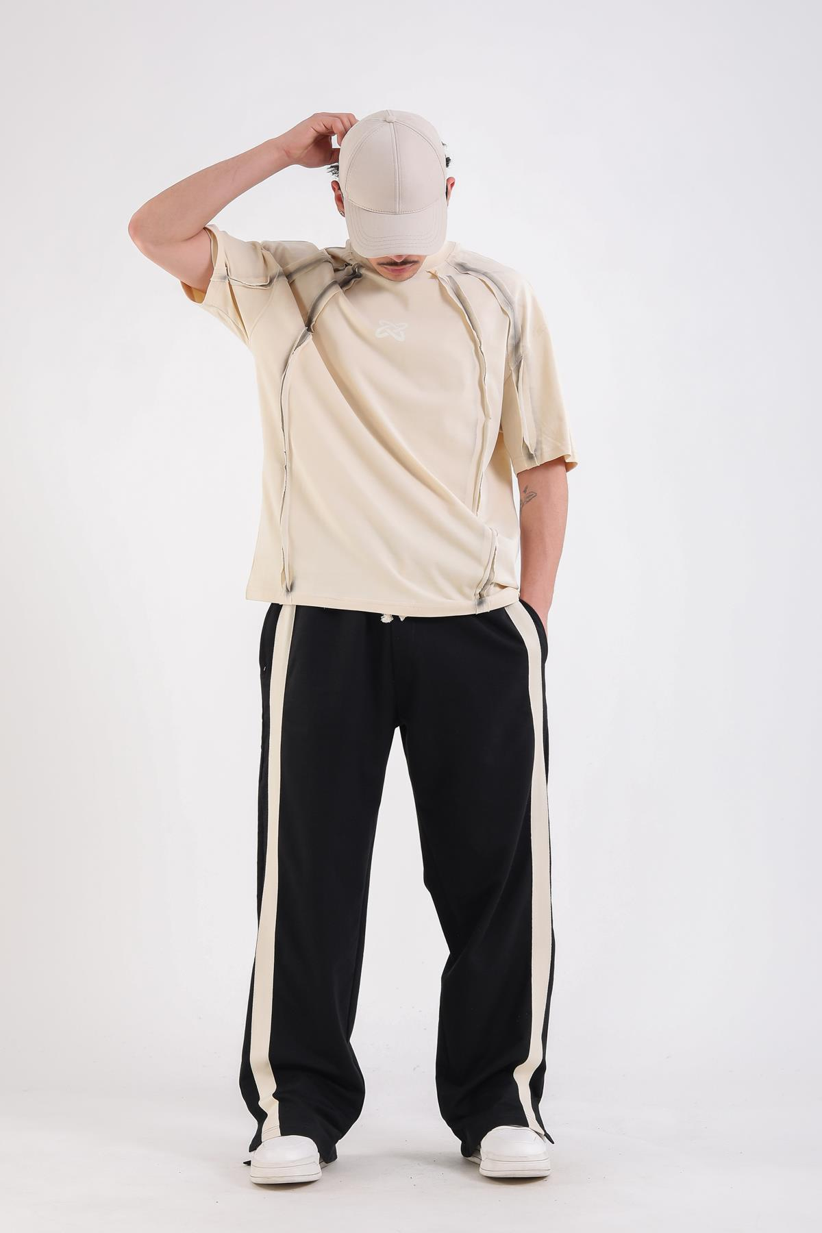 Krem Acid Wash Şerit Detay Oversize Tshirt