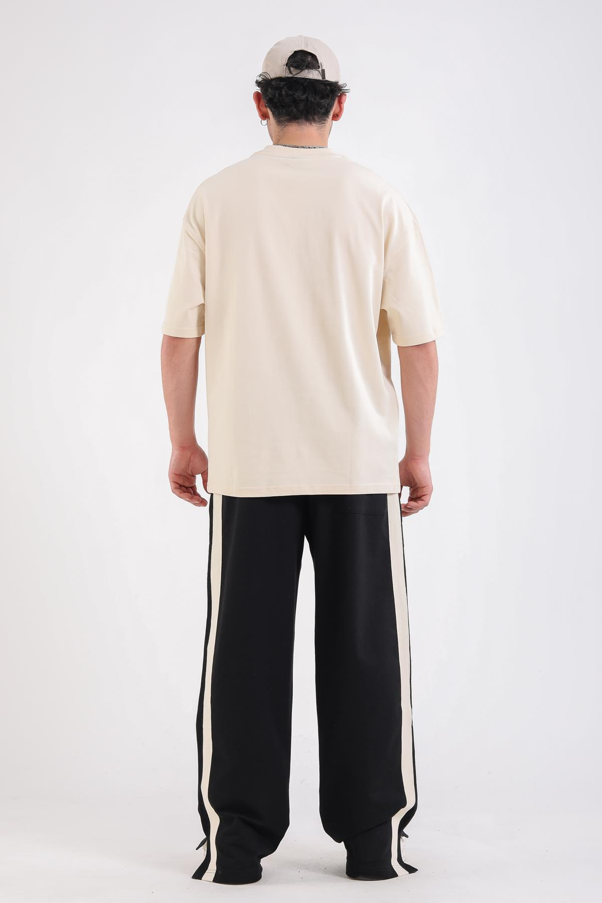Krem Acid Wash Şerit Detay Oversize Tshirt
