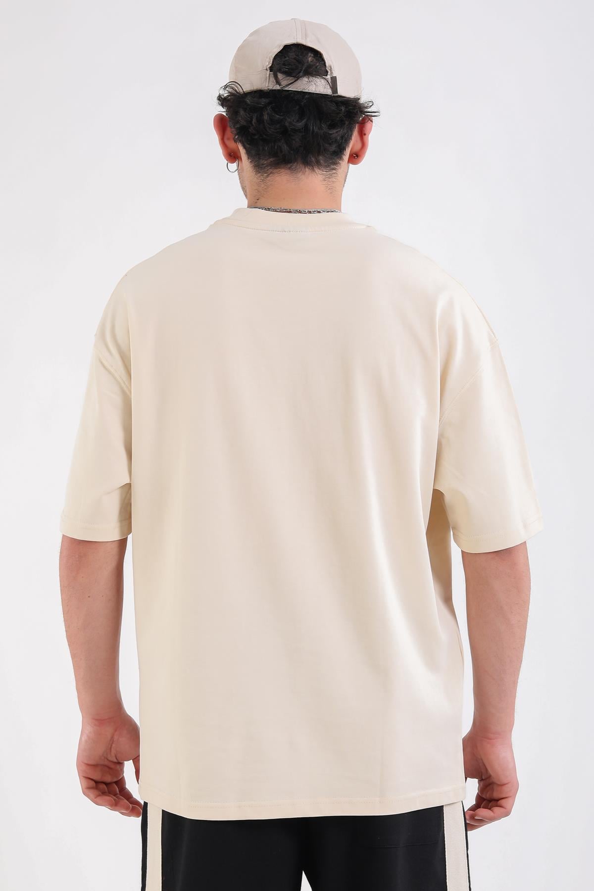 Krem Acid Wash Şerit Detay Oversize Tshirt