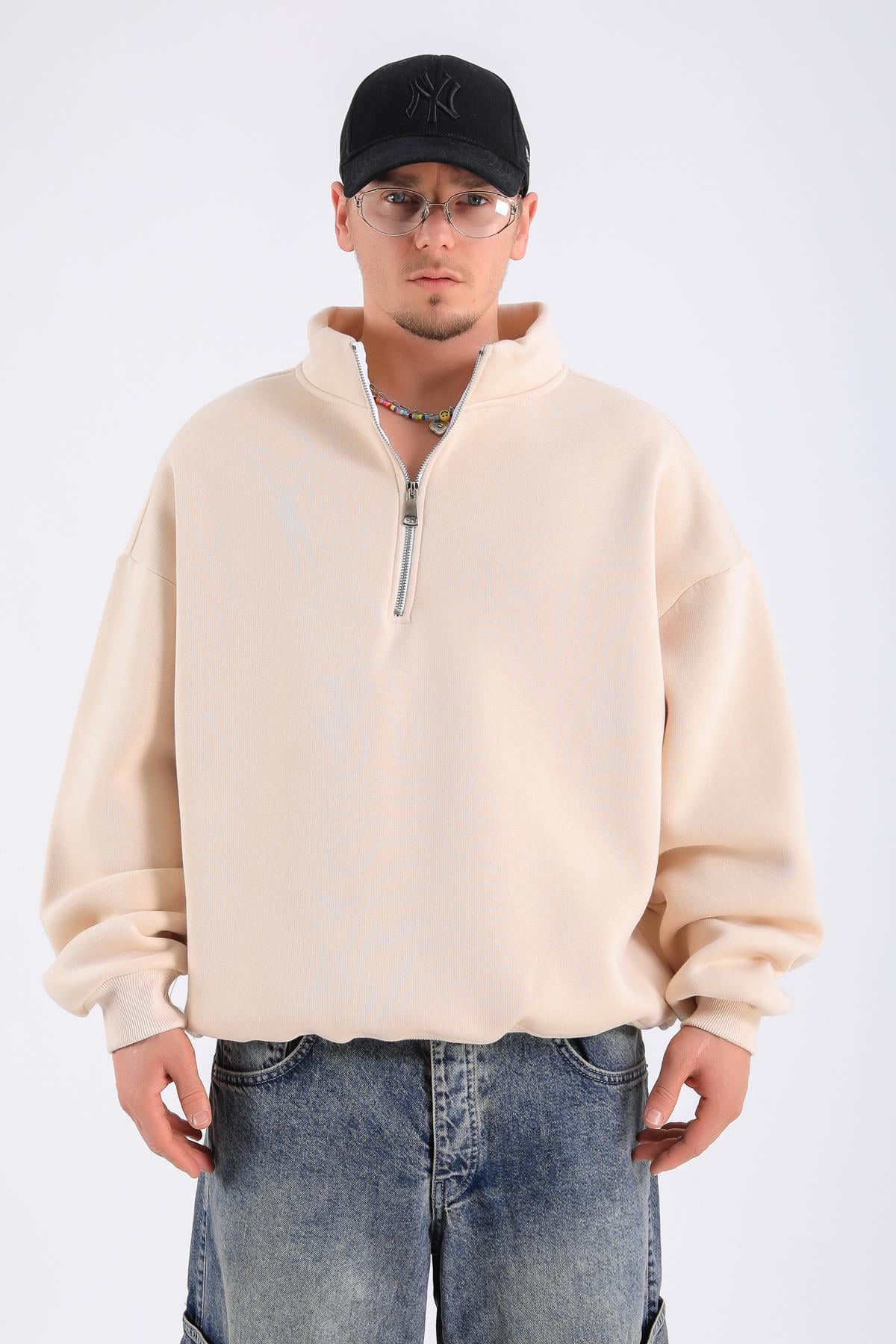 Krem Basic Fermuar Yaka Oversize Sweatshirt SW1312