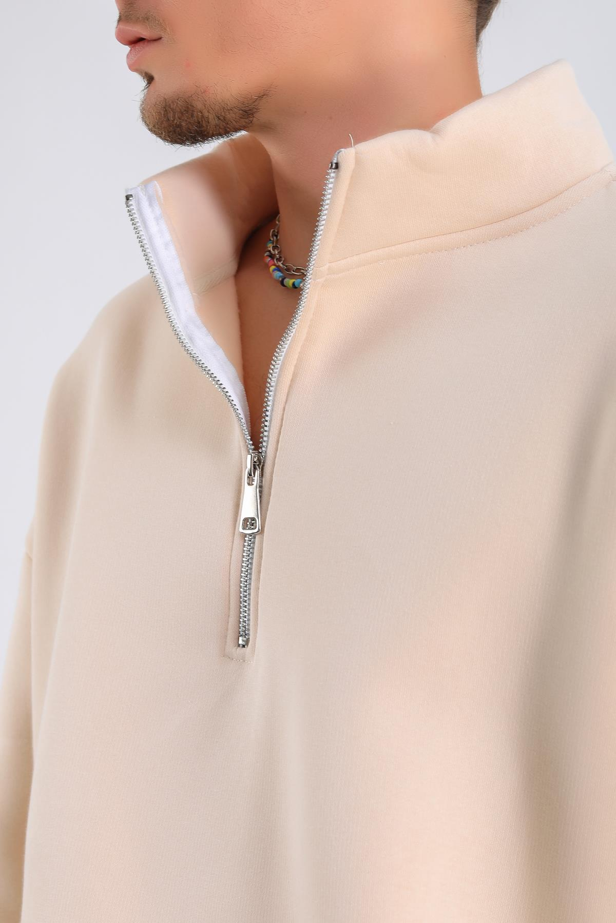 Krem Basic Fermuar Yaka Oversize Sweatshirt SW1312