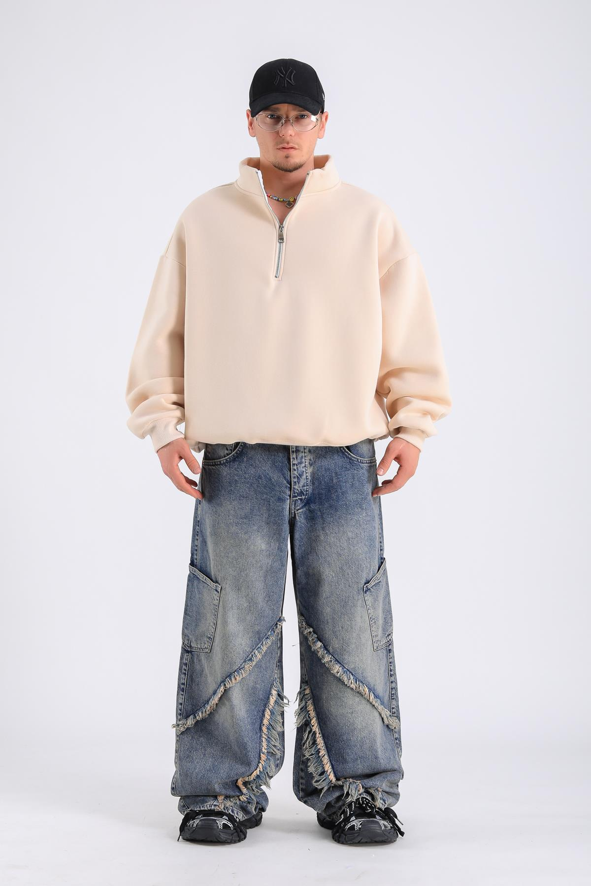 Krem Basic Fermuar Yaka Oversize Sweatshirt SW1312