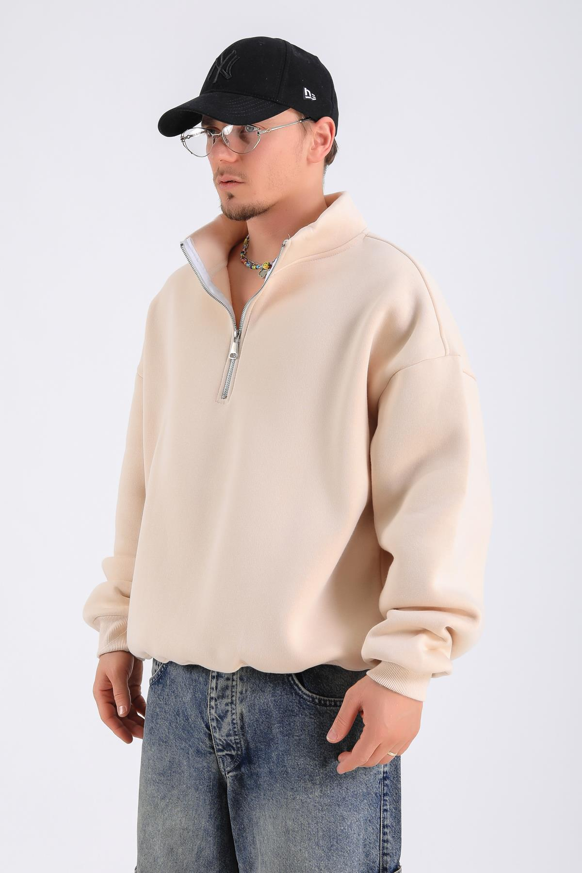 Krem Basic Fermuar Yaka Oversize Sweatshirt SW1312