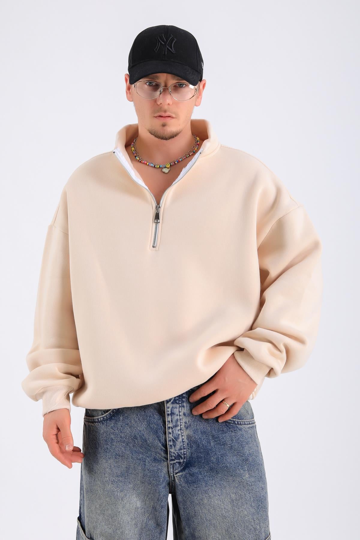 Krem Basic Fermuar Yaka Oversize Sweatshirt SW1312