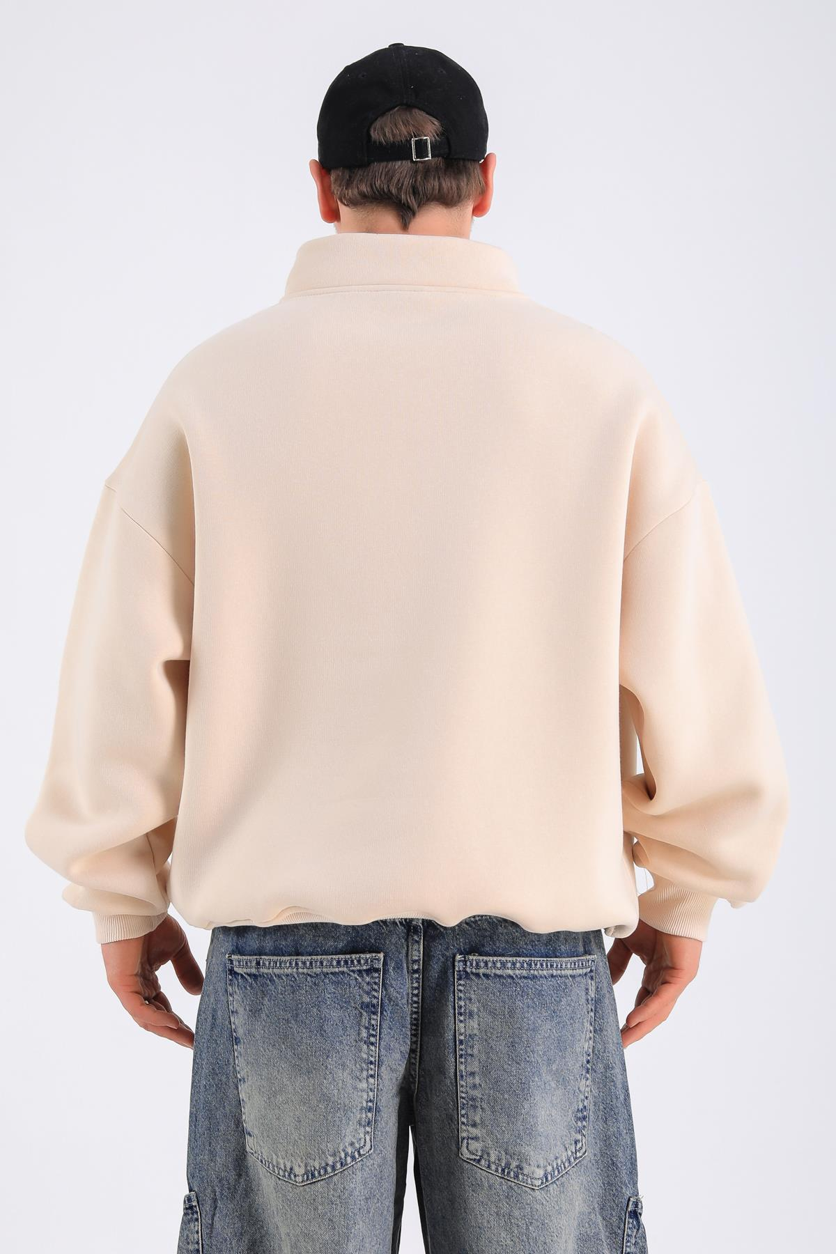 Krem Basic Fermuar Yaka Oversize Sweatshirt SW1312