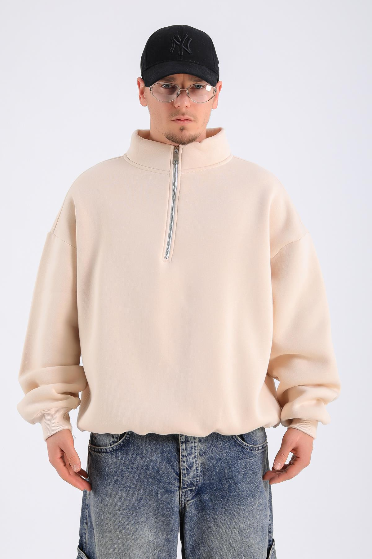 Krem Basic Fermuar Yaka Oversize Sweatshirt SW1312
