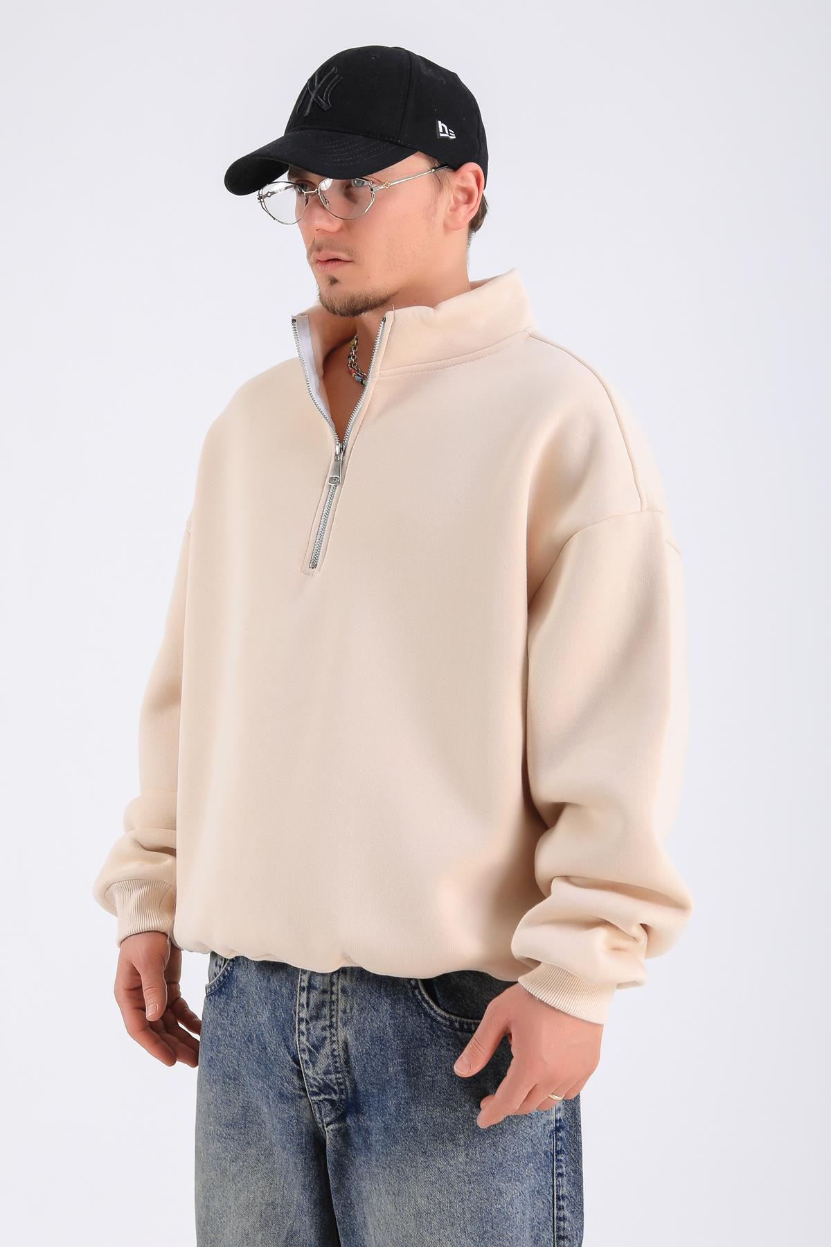 Krem Basic Fermuar Yaka Oversize Sweatshirt SW1312
