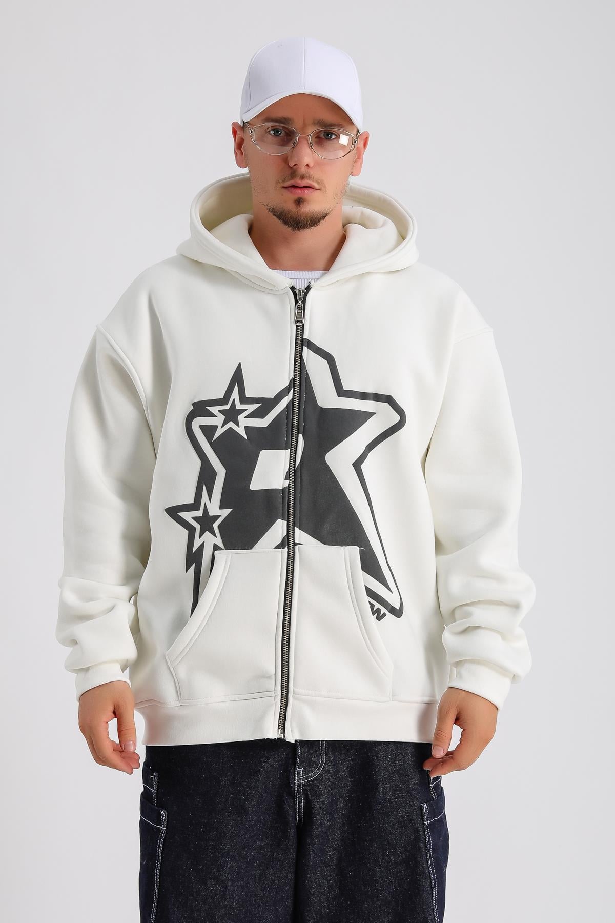 Krem Baskılı Oversize Rv Zipper Sweatshirt SW1151