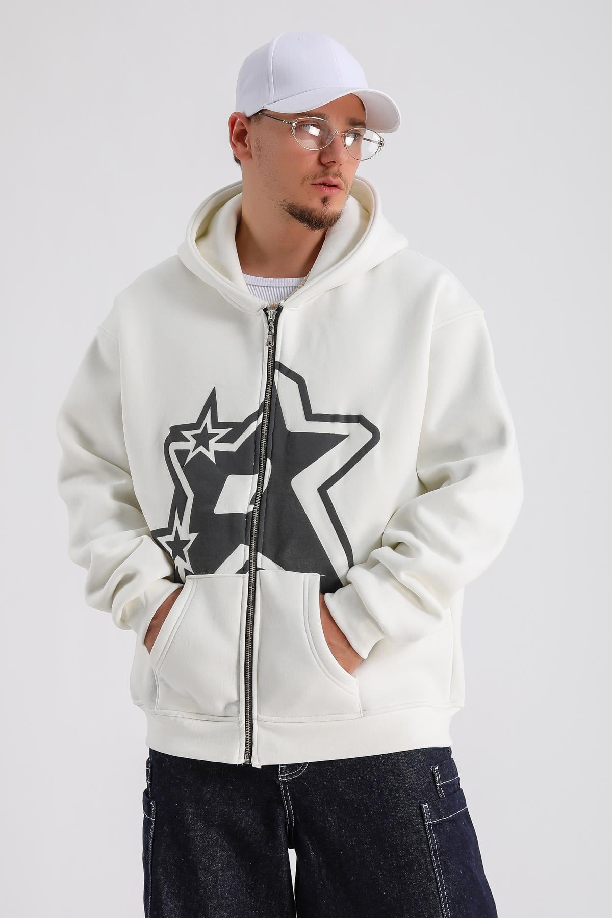 Krem Baskılı Oversize Rv Zipper Sweatshirt SW1151
