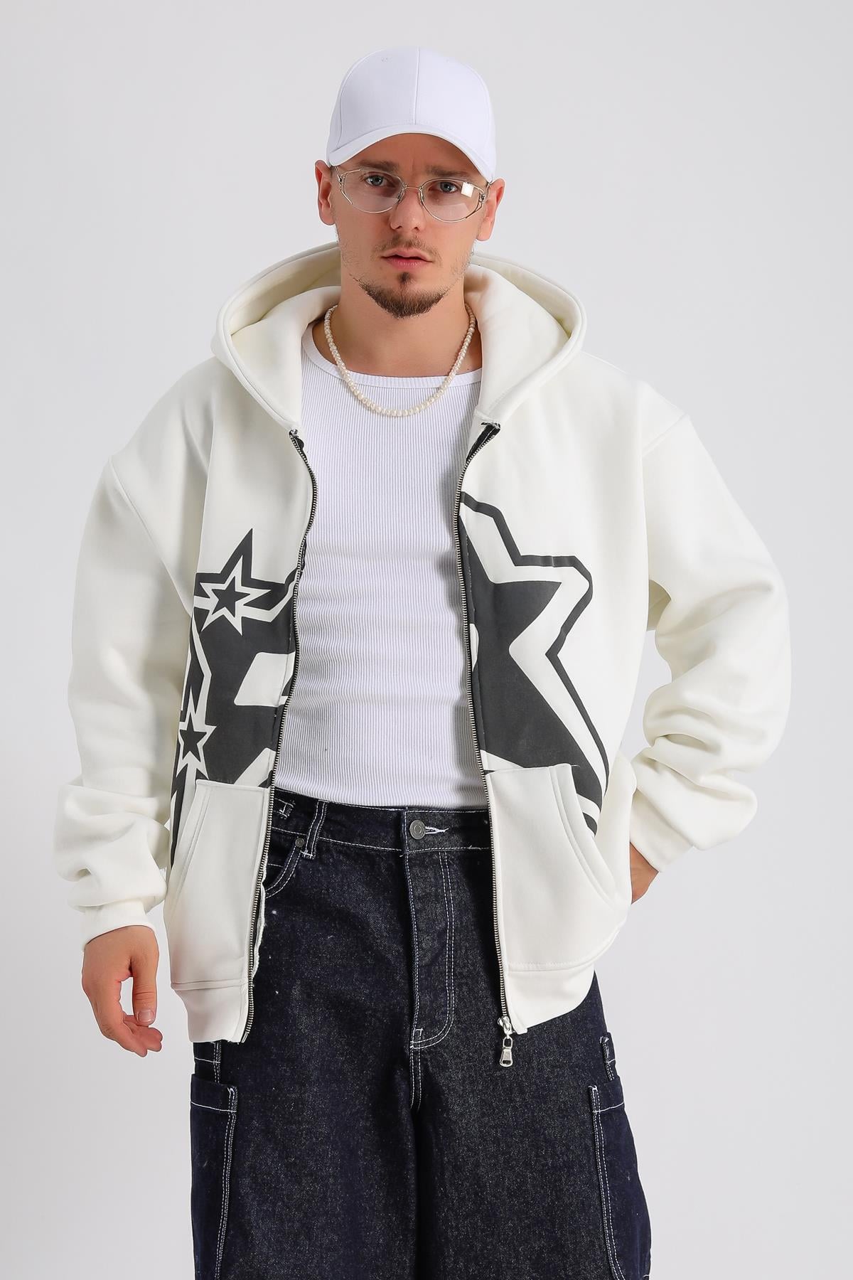 Krem Baskılı Oversize Rv Zipper Sweatshirt SW1151