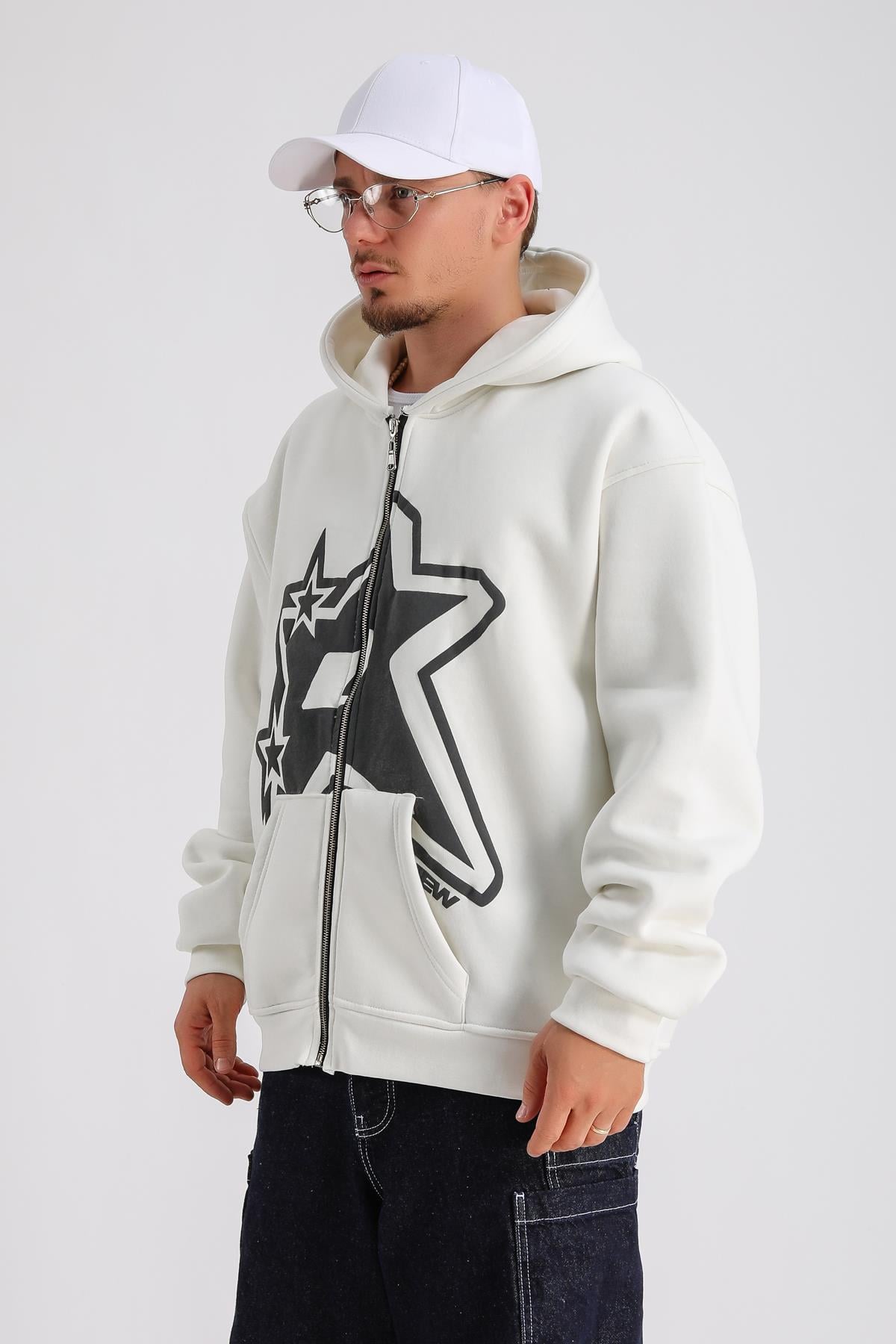 Krem Baskılı Oversize Rv Zipper Sweatshirt SW1151