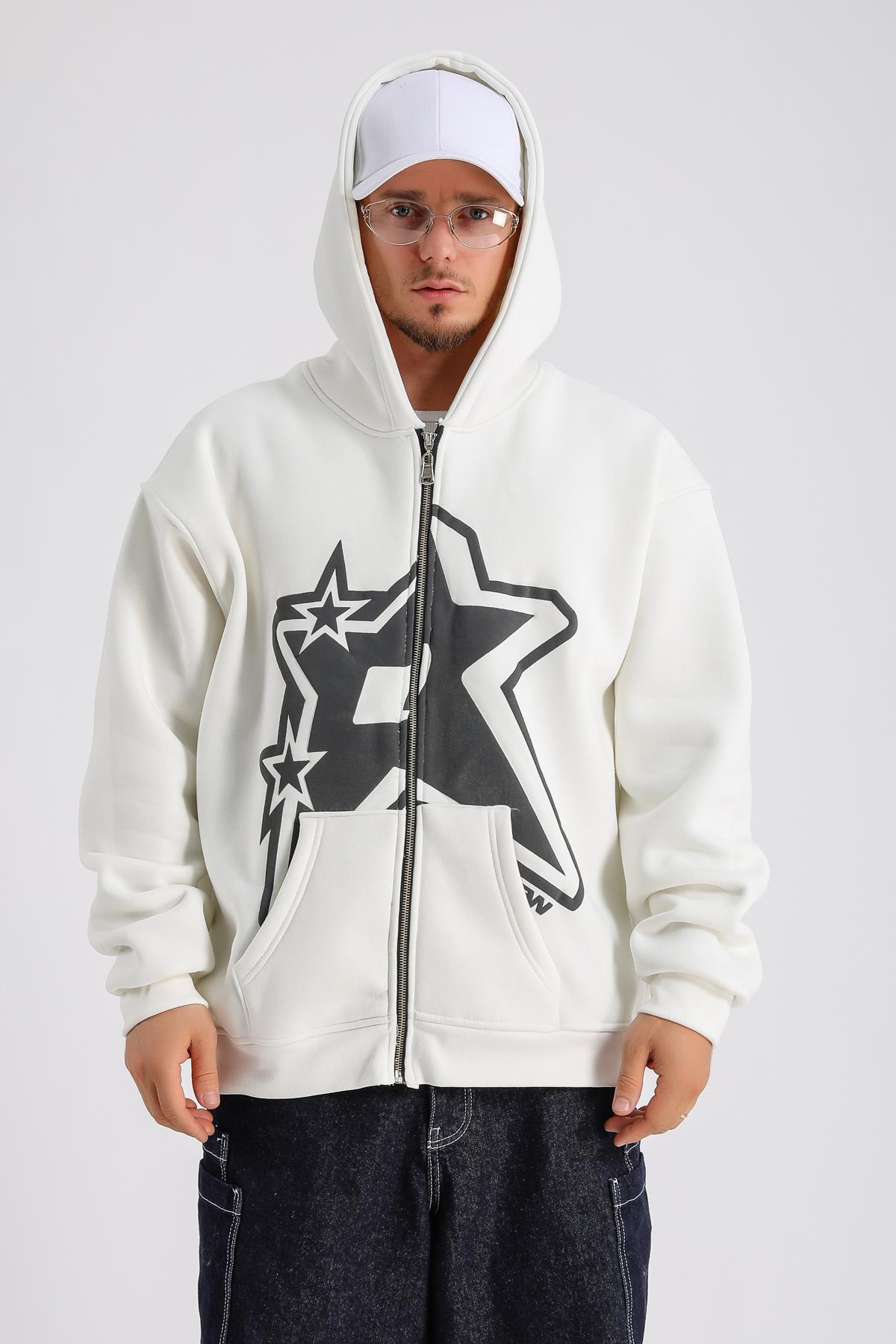 Krem Baskılı Oversize Rv Zipper Sweatshirt SW1151