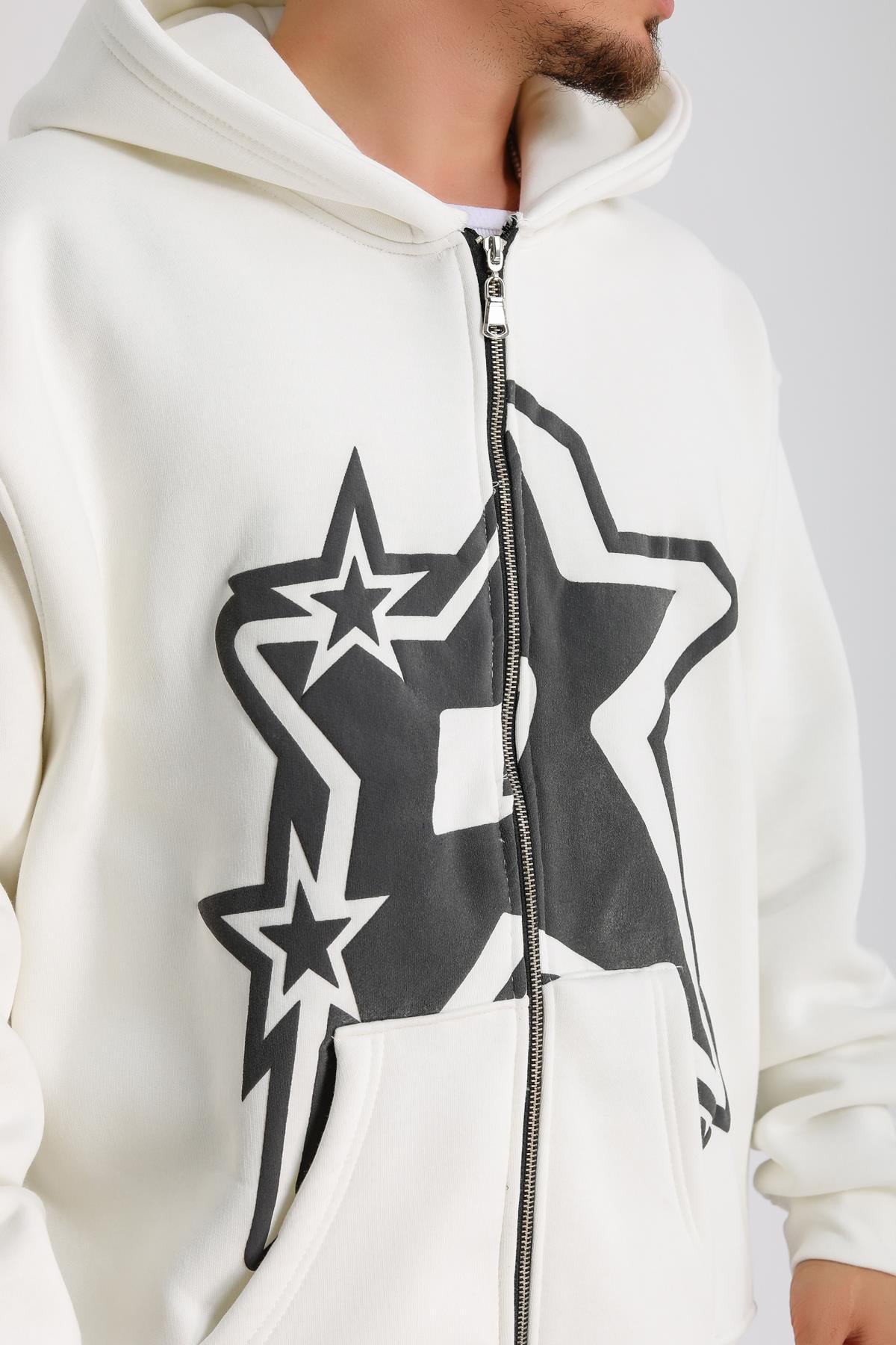 Krem Baskılı Oversize Rv Zipper Sweatshirt SW1151