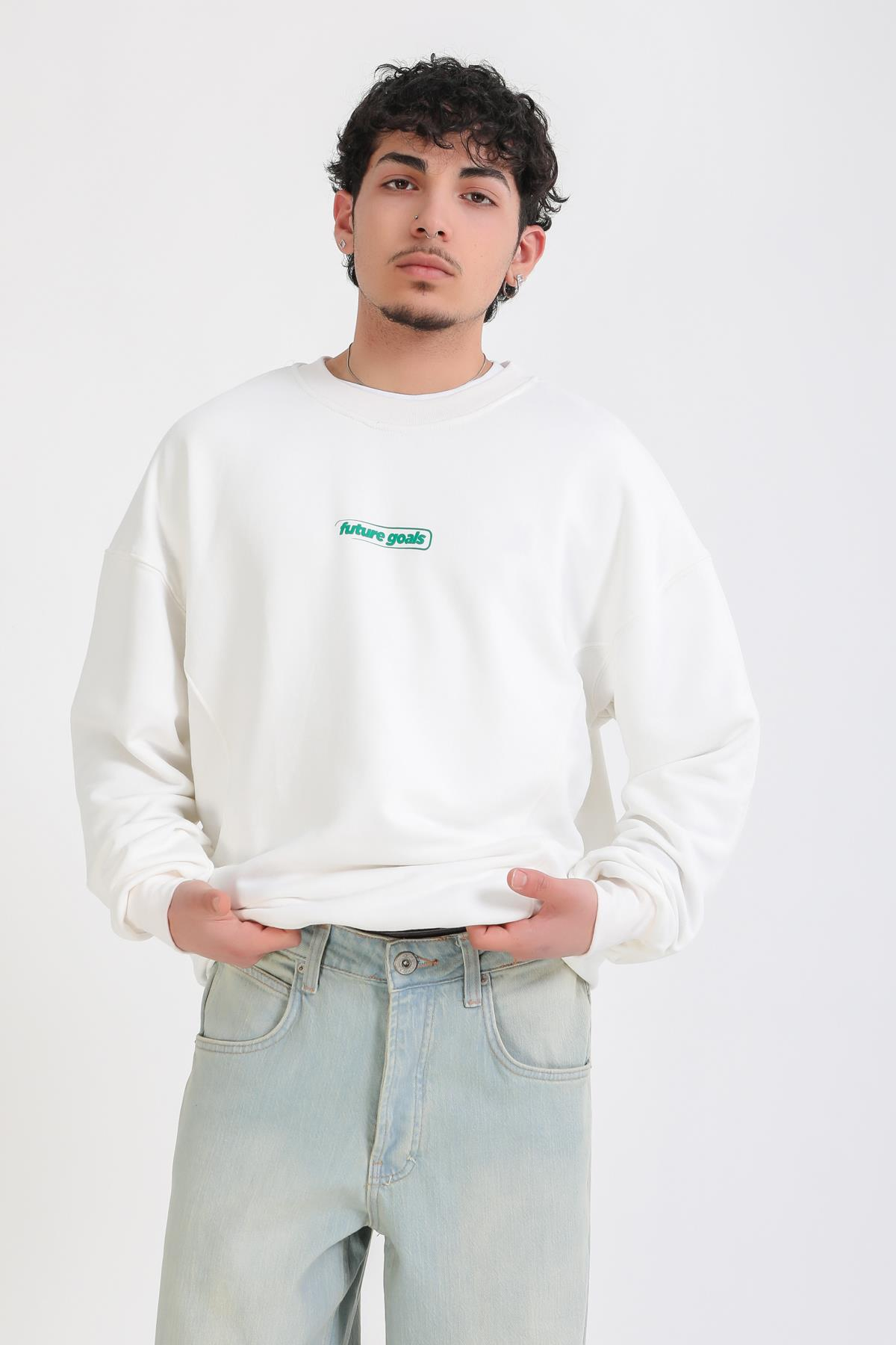Krem Baskılı Oversize Sweatshirt