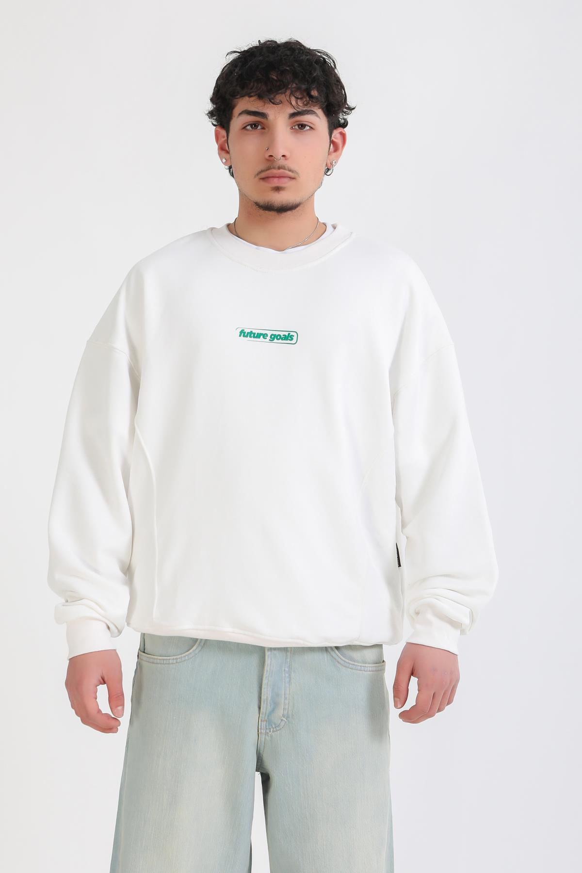 Krem Baskılı Oversize Sweatshirt