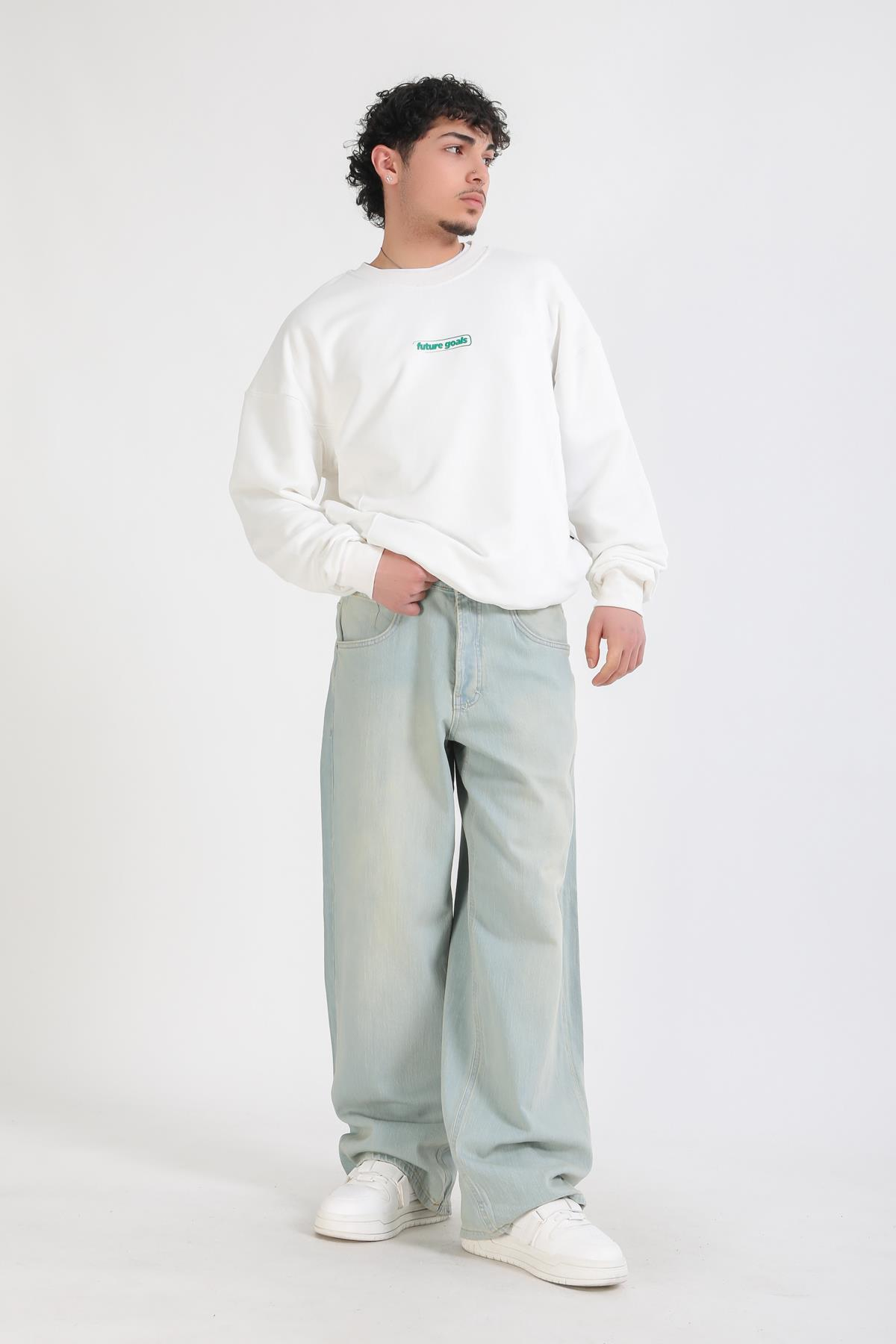 Krem Baskılı Oversize Sweatshirt