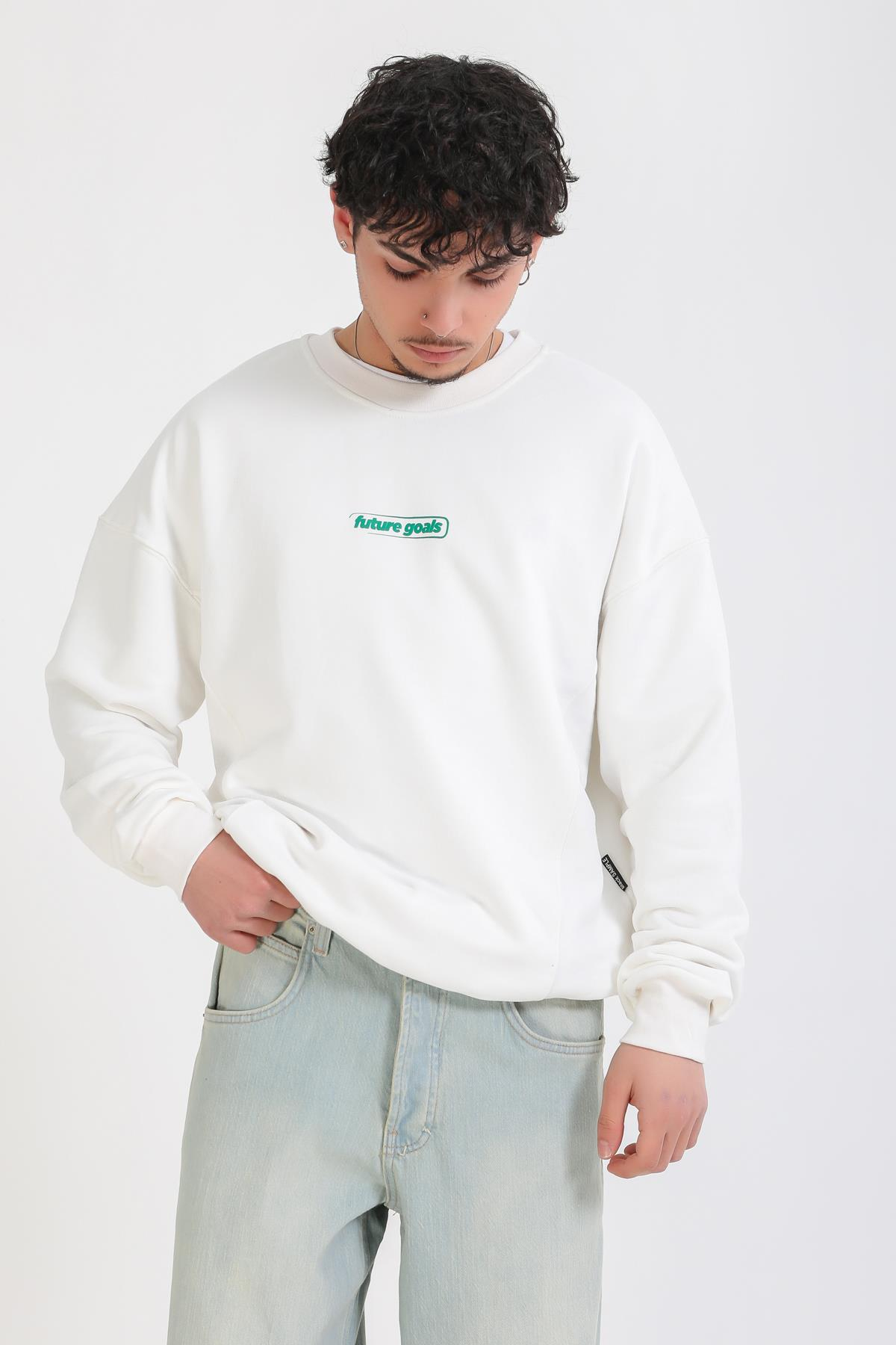 Krem Baskılı Oversize Sweatshirt