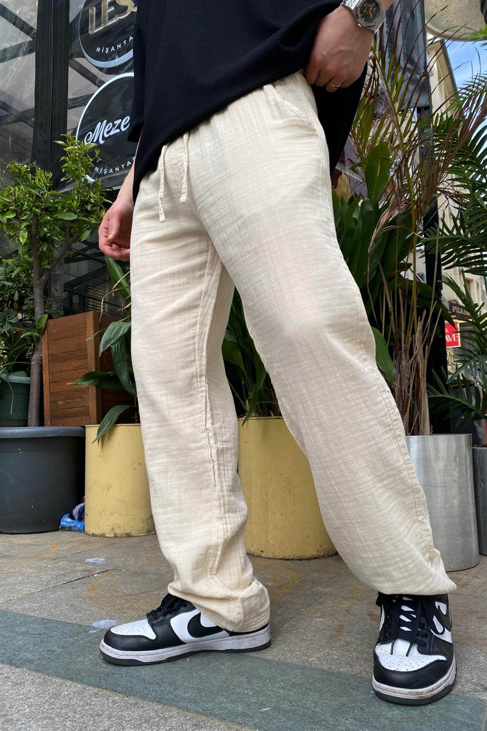 Krem İnce Keten Pantolon P622