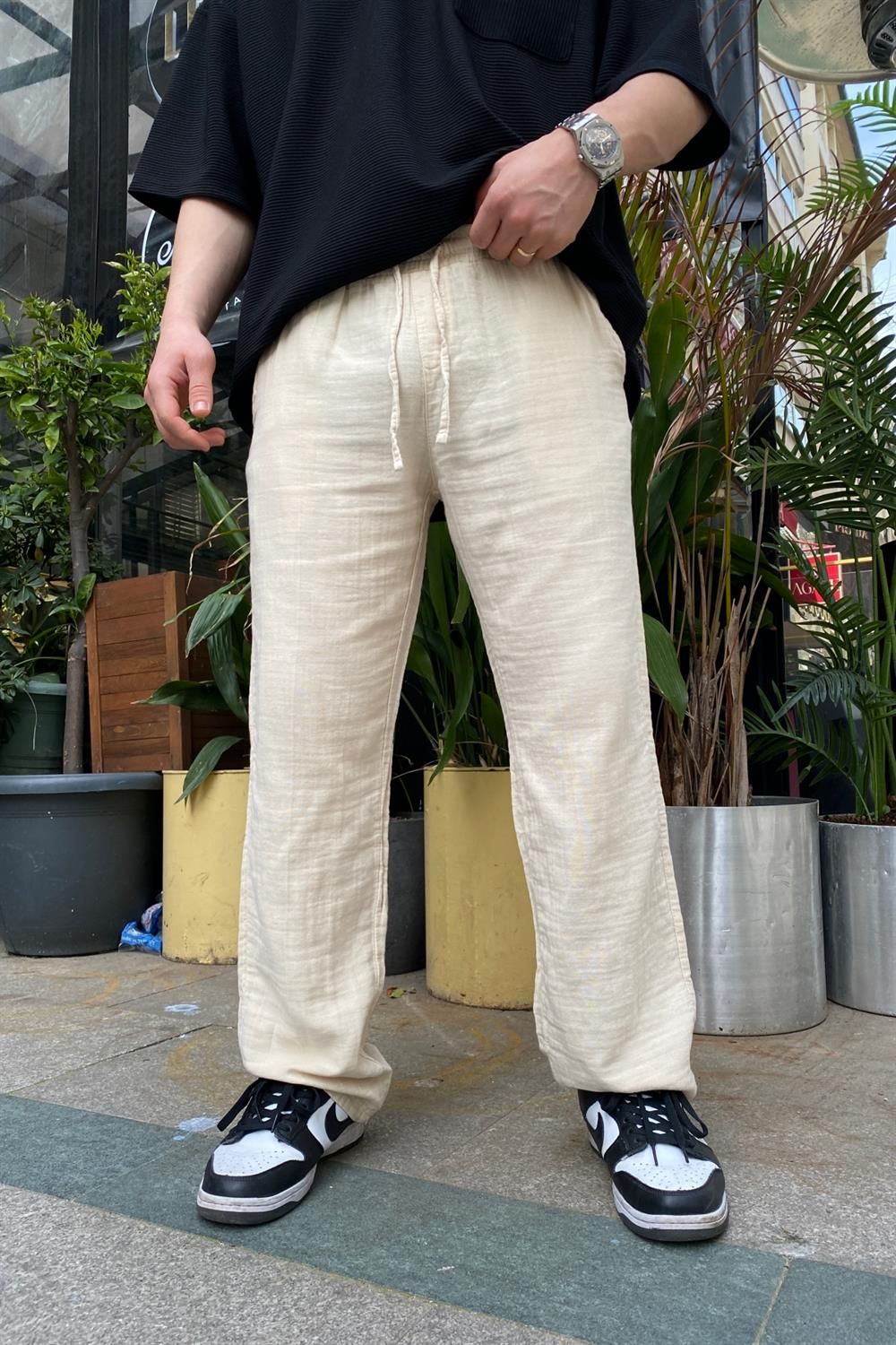 Krem İnce Keten Pantolon P622
