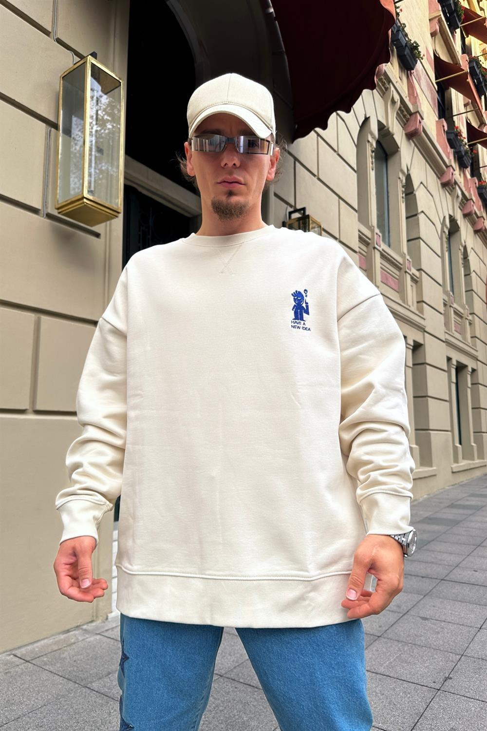 Krem Kapşonsuz Oversize Sweatshirt SW901