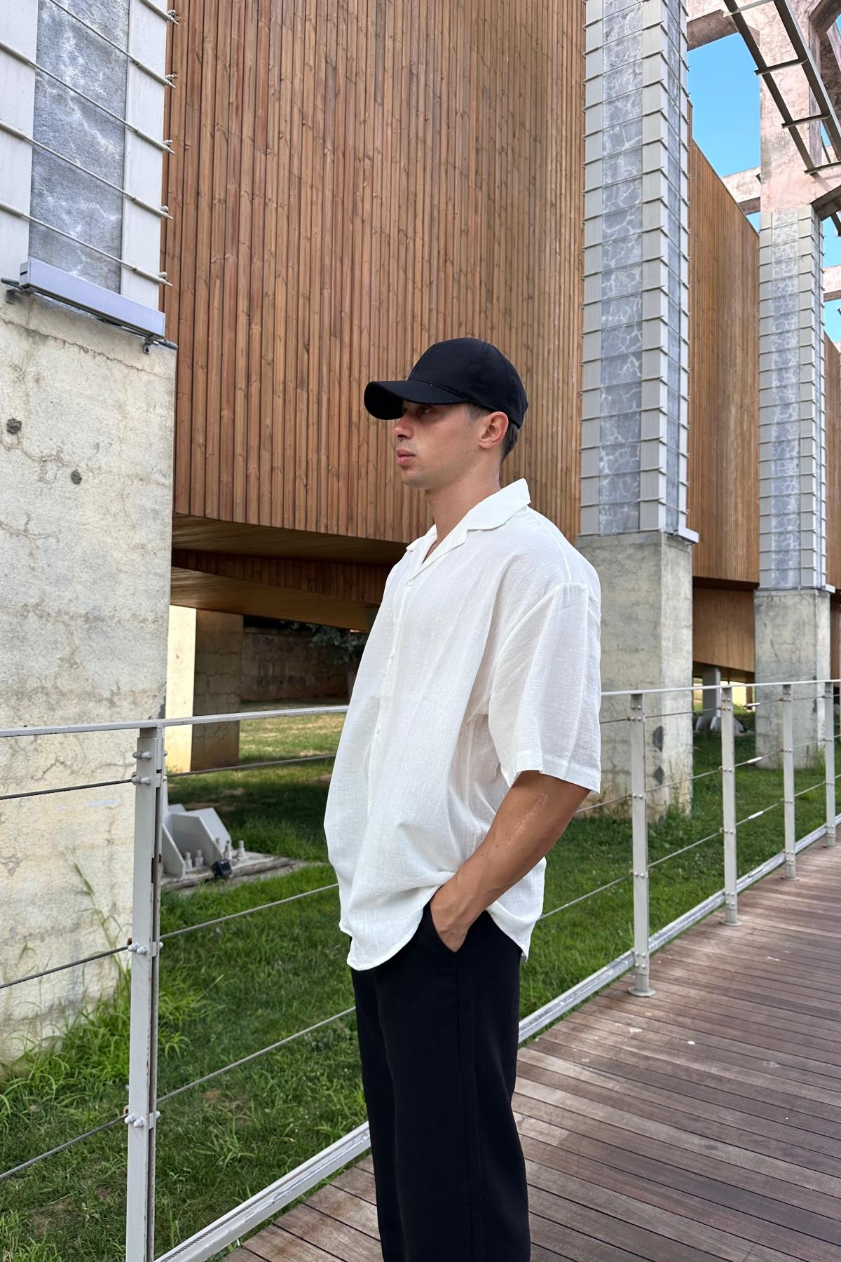 Krem Kısa Kol Oversize Gömlek G144