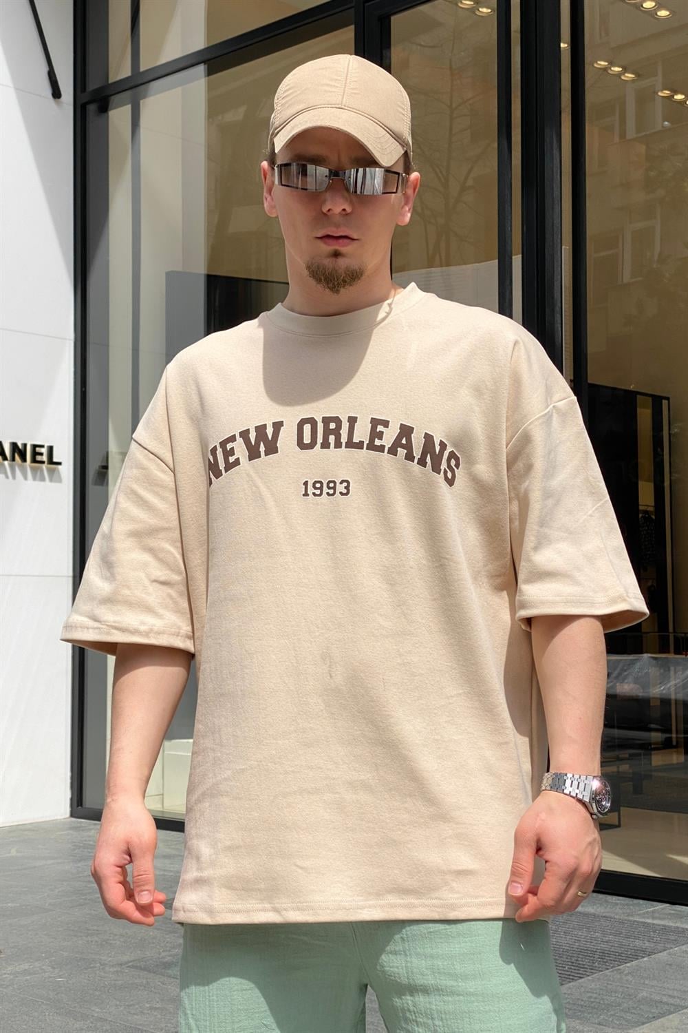 Krem New Orleans Baskılı Oversize Tshirt  T612