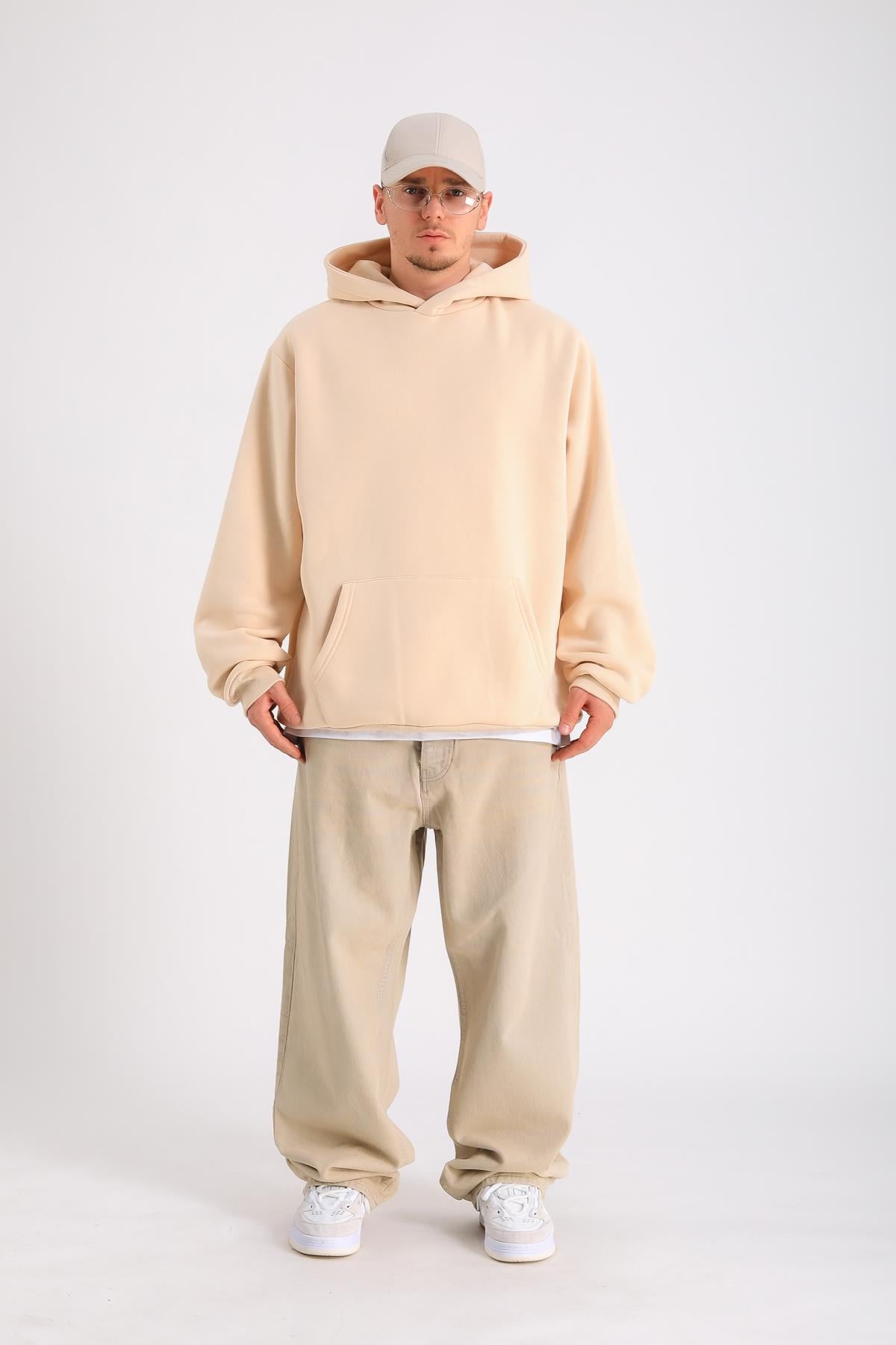 Krem Oversize Basic Hoodie SW1278