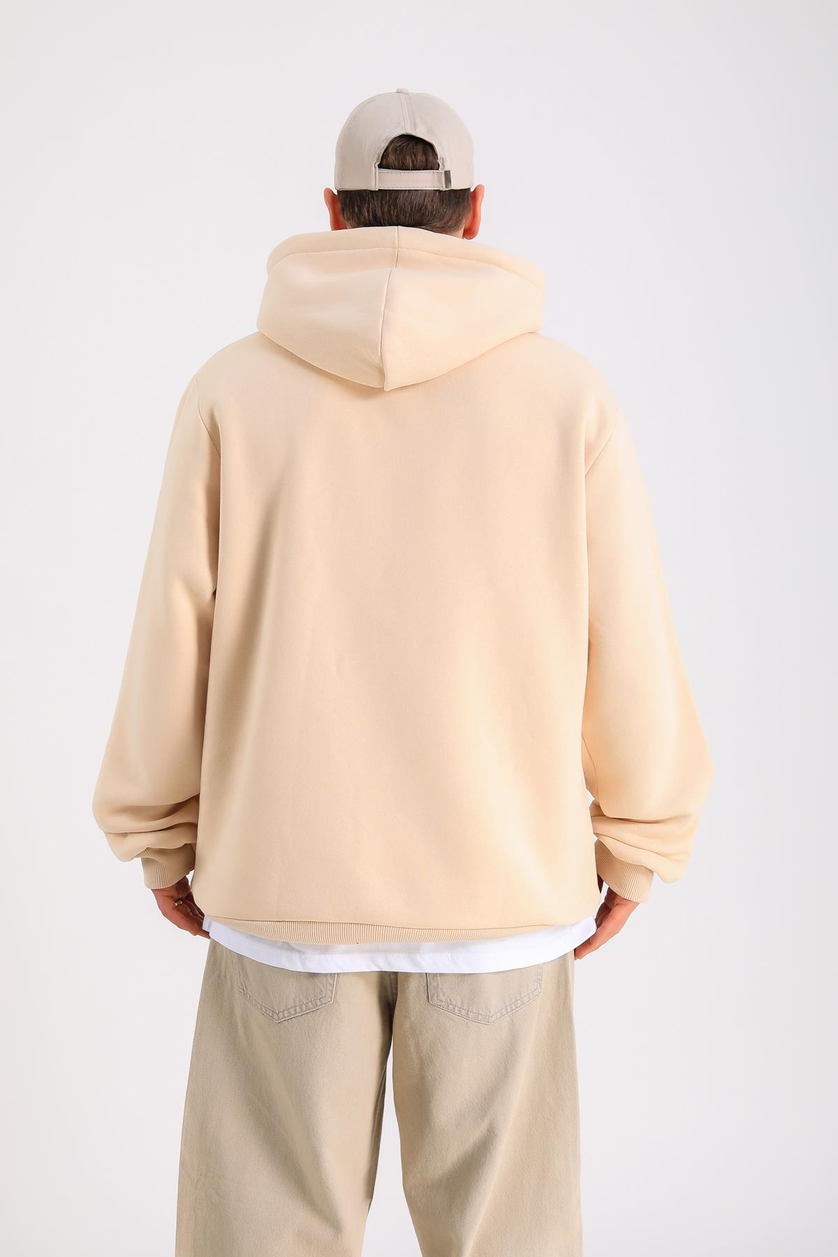 Krem Oversize Basic Hoodie SW1278