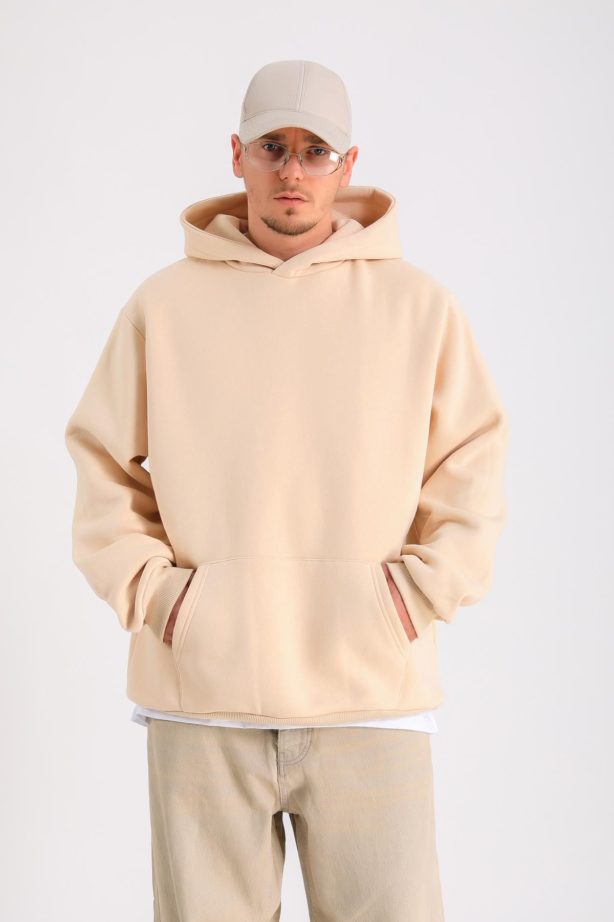 Krem Oversize Basic Hoodie SW1278