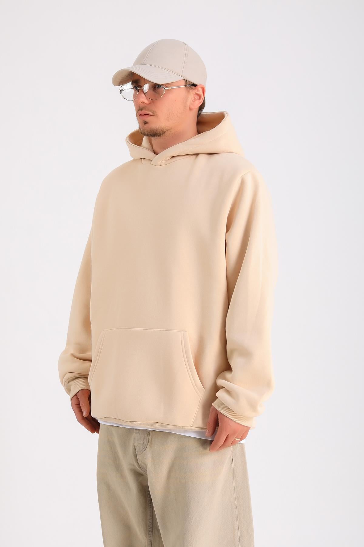 Krem Oversize Basic Hoodie SW1278