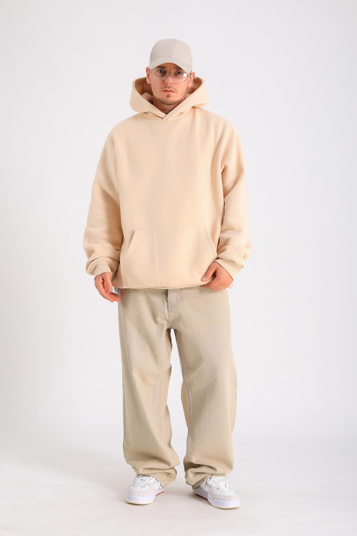 Krem Oversize Basic Hoodie SW1278