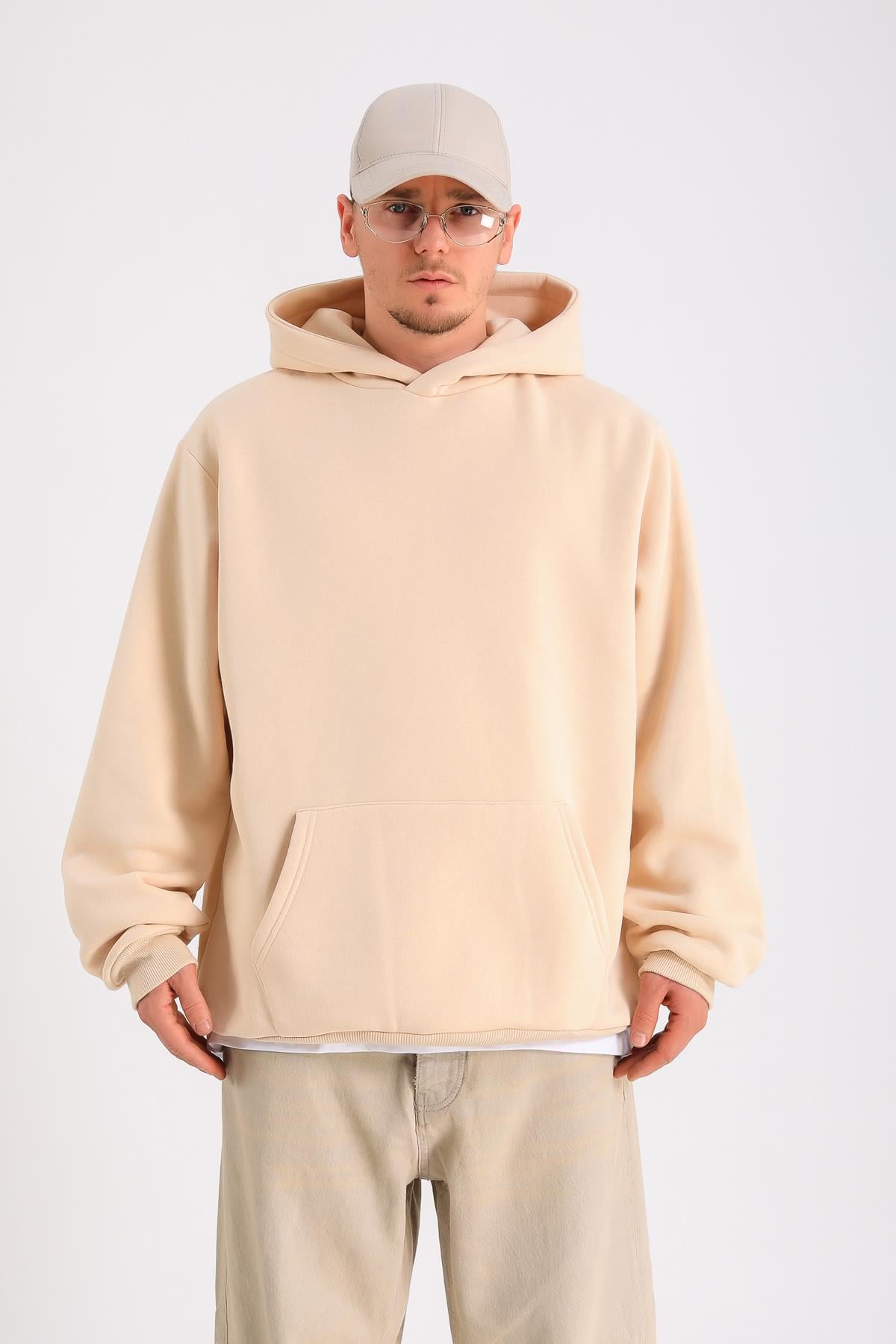 Krem Oversize Basic Hoodie SW1278