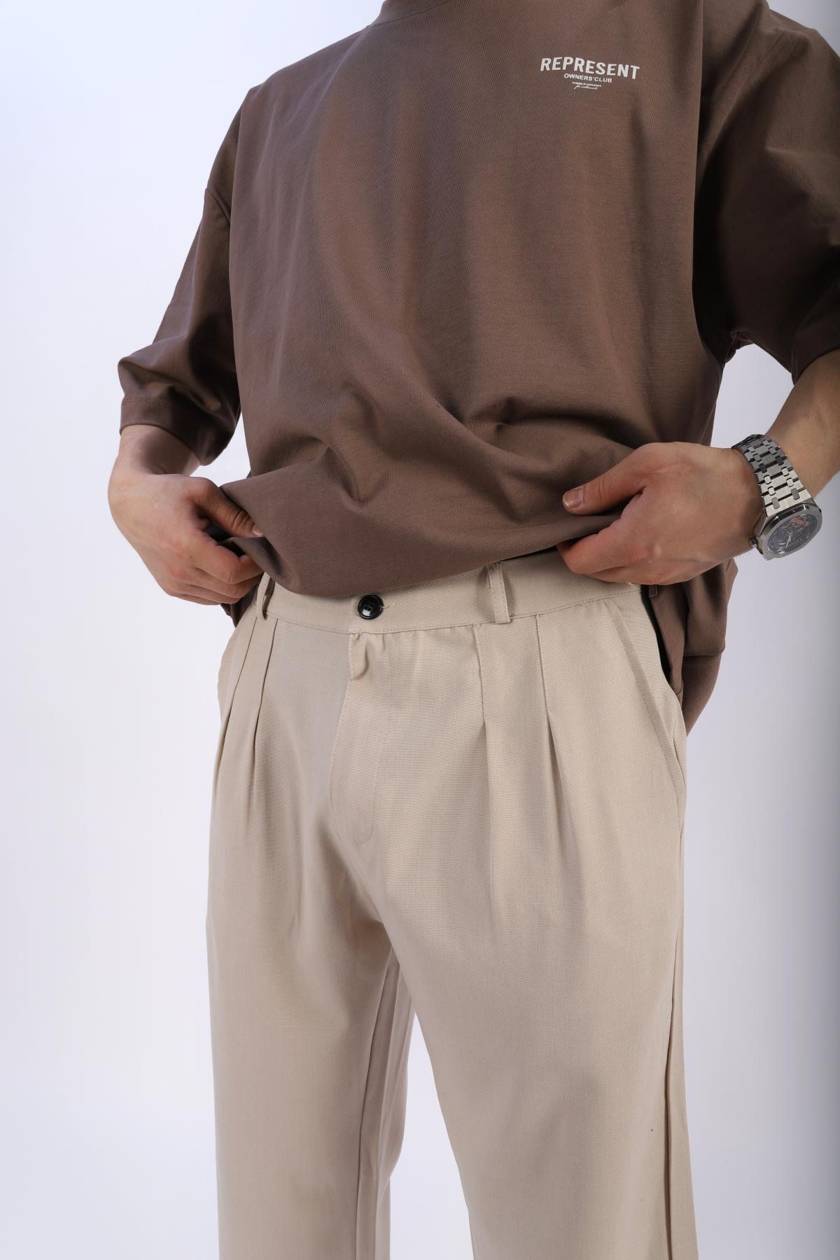 Krem Pile Detay Kumaş Pantolon P904