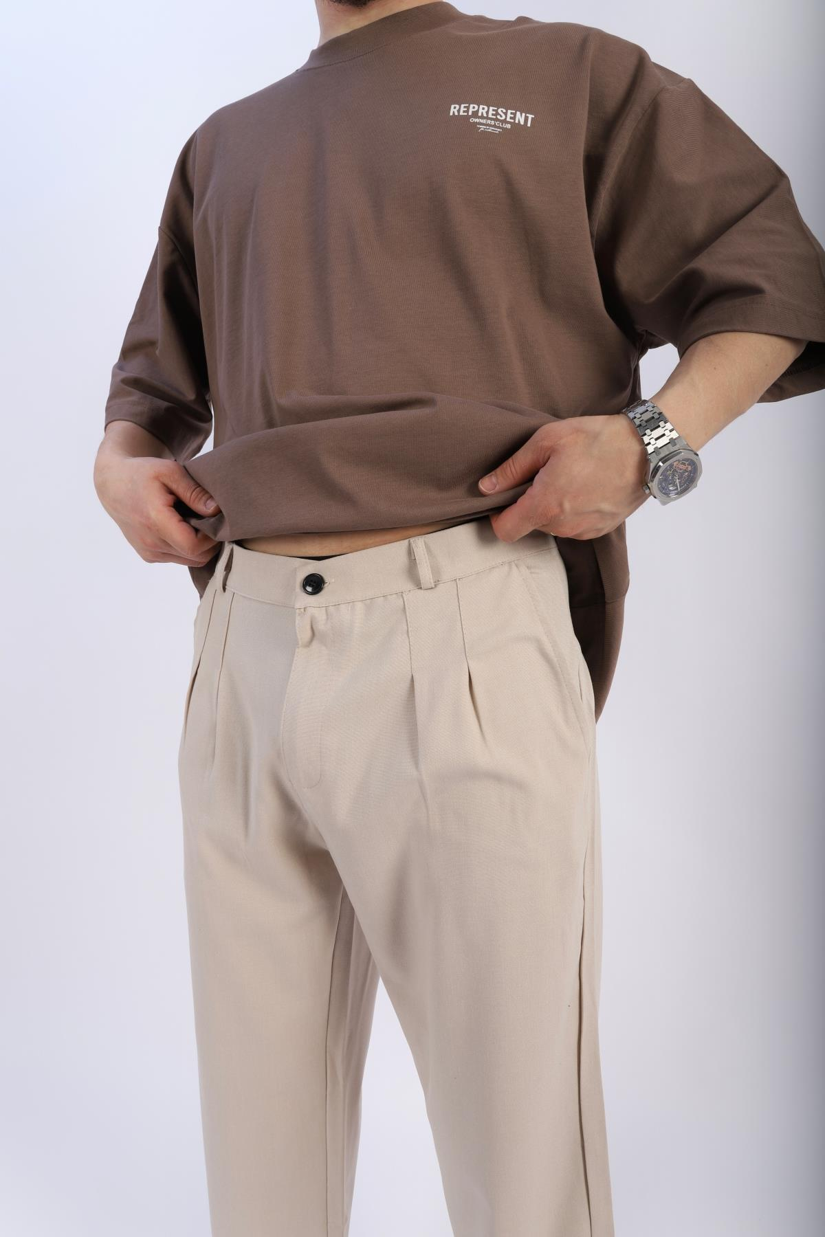 Krem Pile Detay Kumaş Pantolon P904